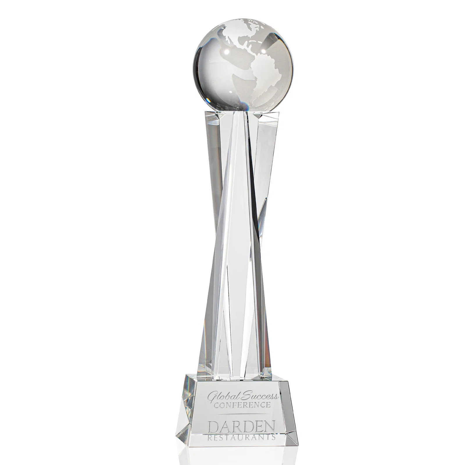 Custom Optical Crystal Globe Award on a Crystal Pillar for sales achievement awards