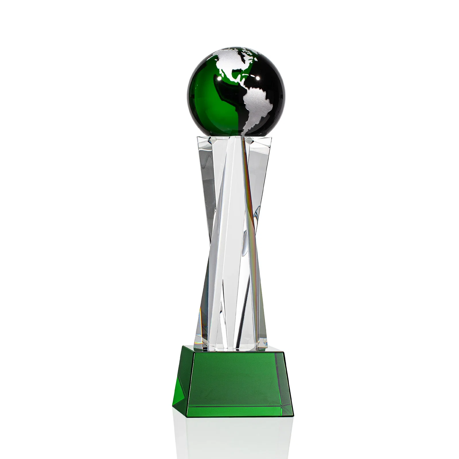 Branded Optical Crystal Globe Award on a Crystal Pillar for employee recognition