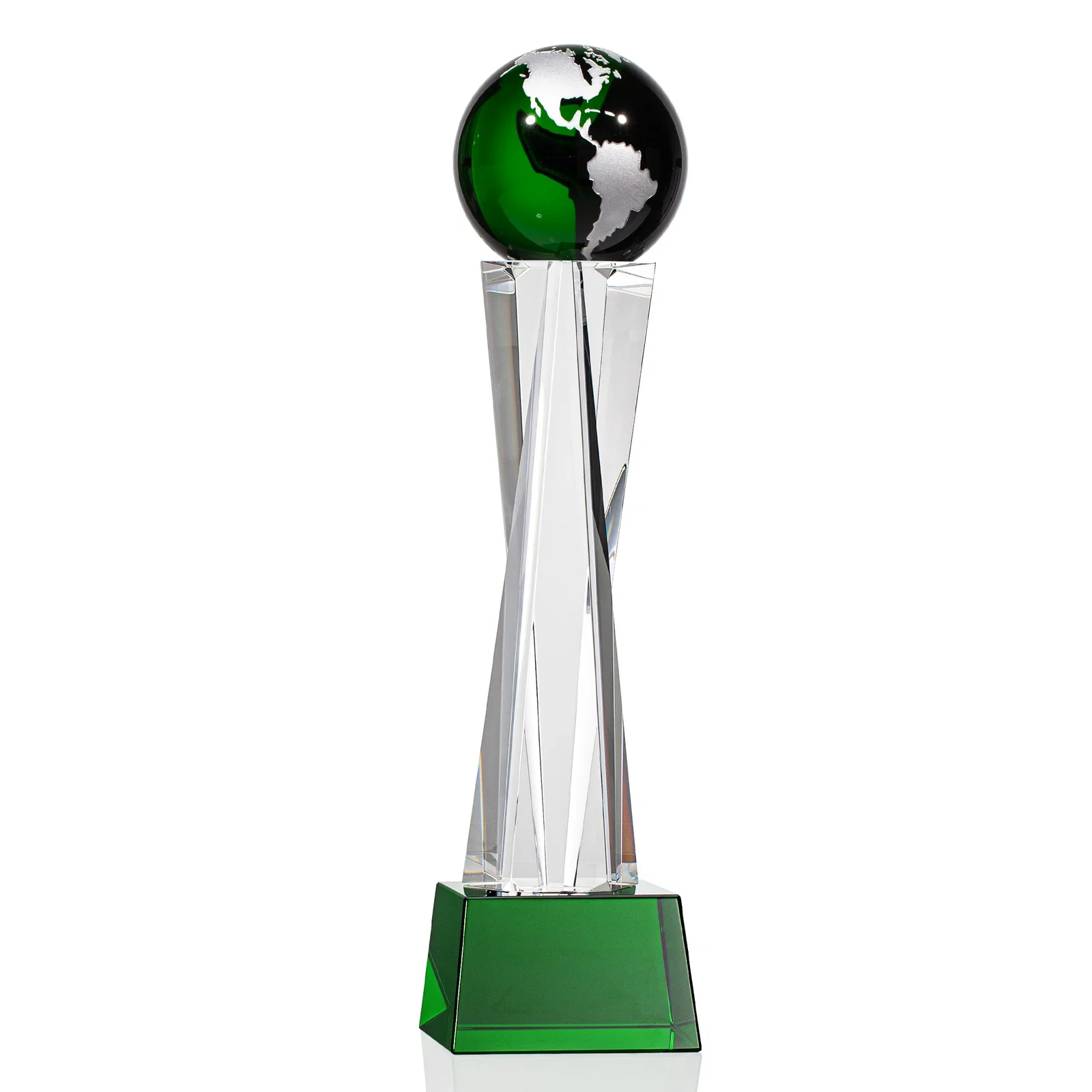 Branded Optical Crystal Globe Award on a Crystal Pillar for corporate award ceremonies