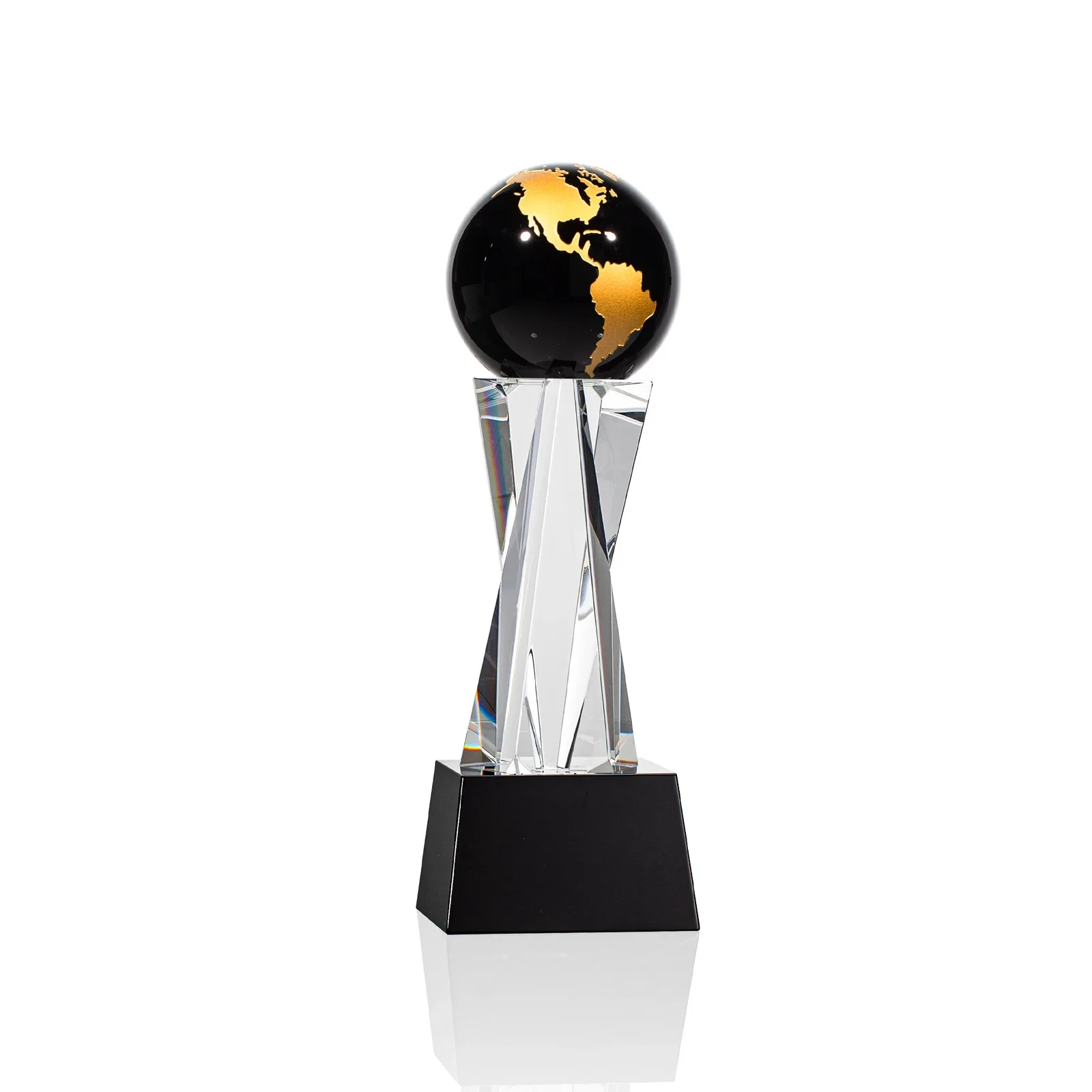 Branded Optical Crystal Globe Award on a Crystal Pillar for service anniversary gifts