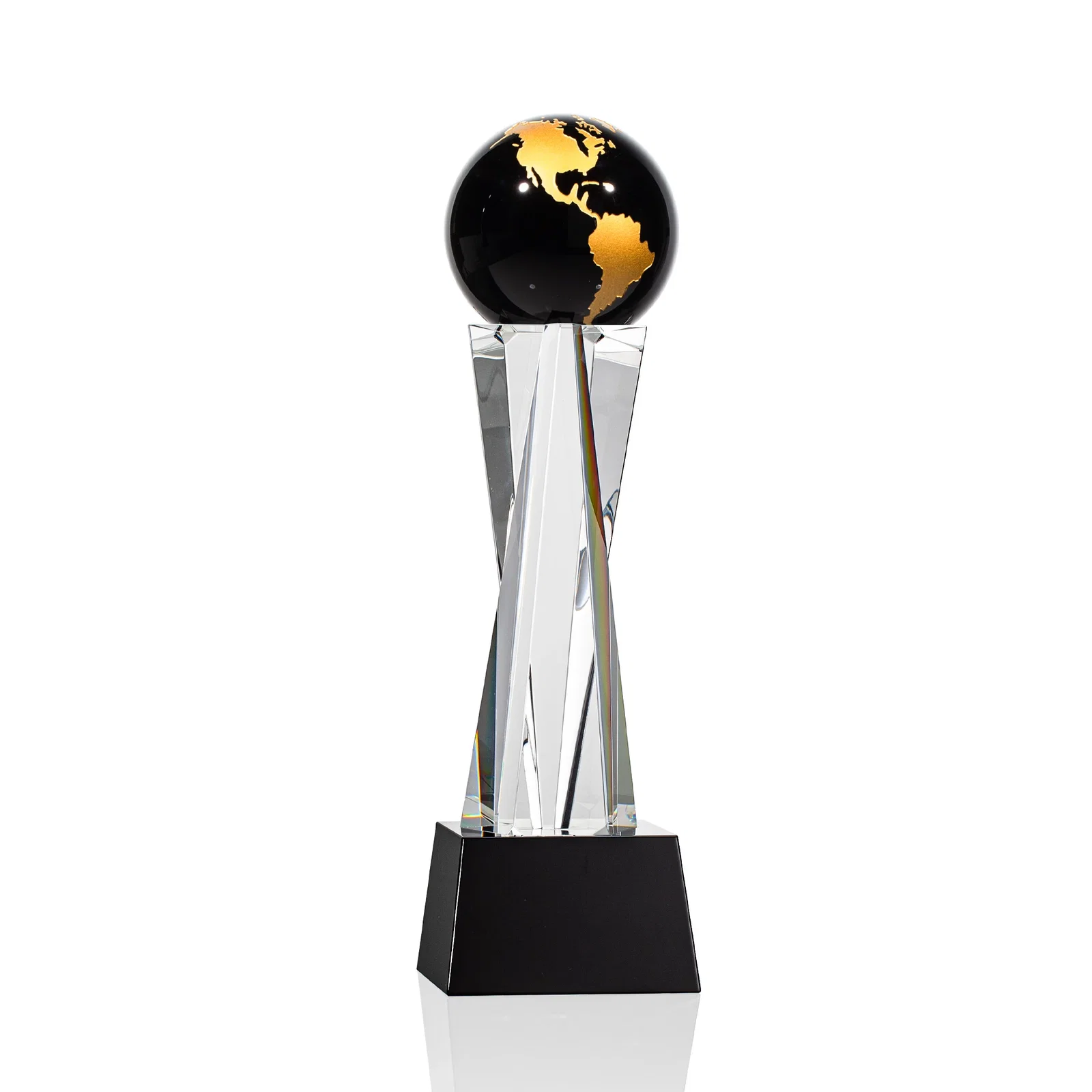Branded Optical Crystal Globe Award on a Crystal Pillar for sales achievement awards