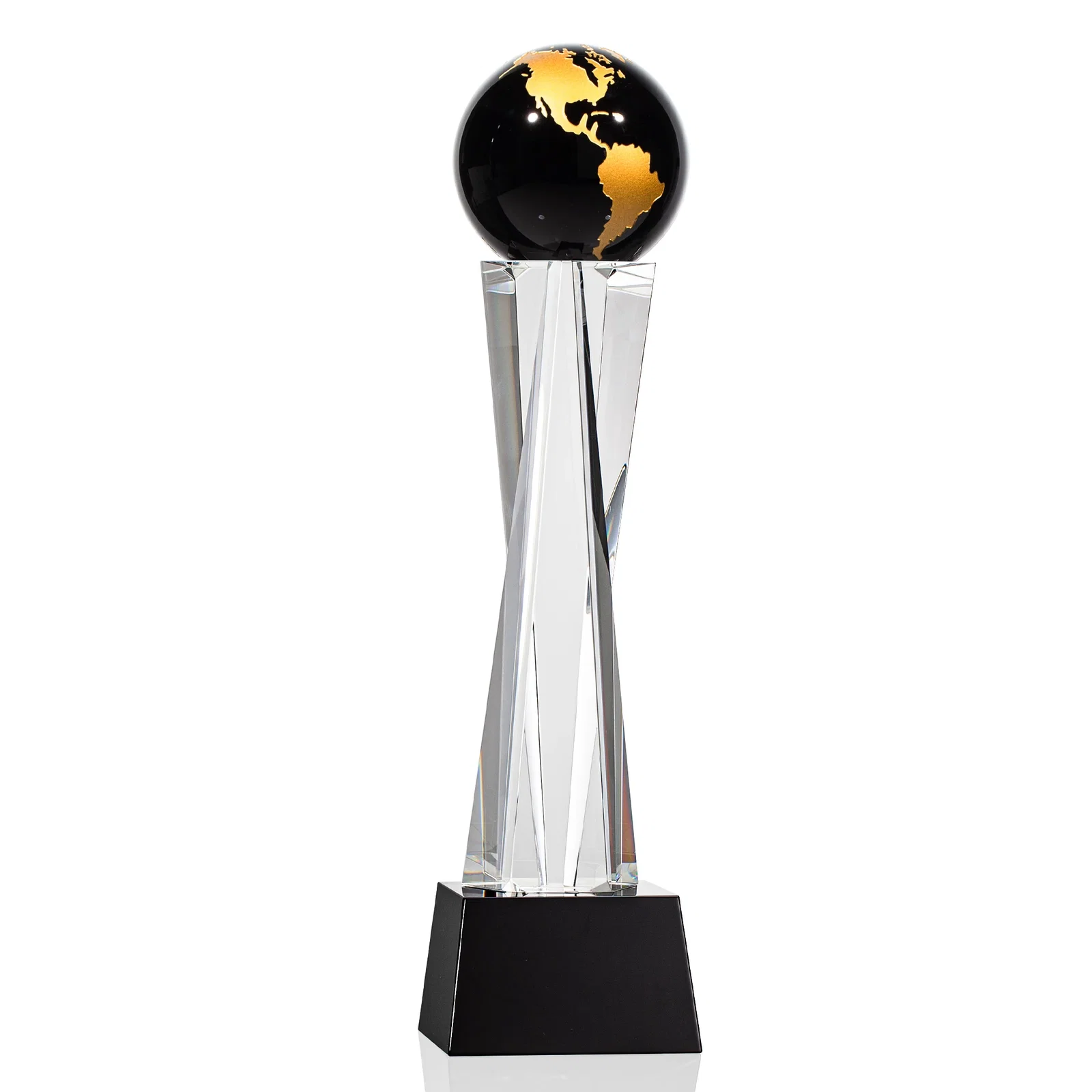Branded Optical Crystal Globe Award on a Crystal Pillar for retirement presentations