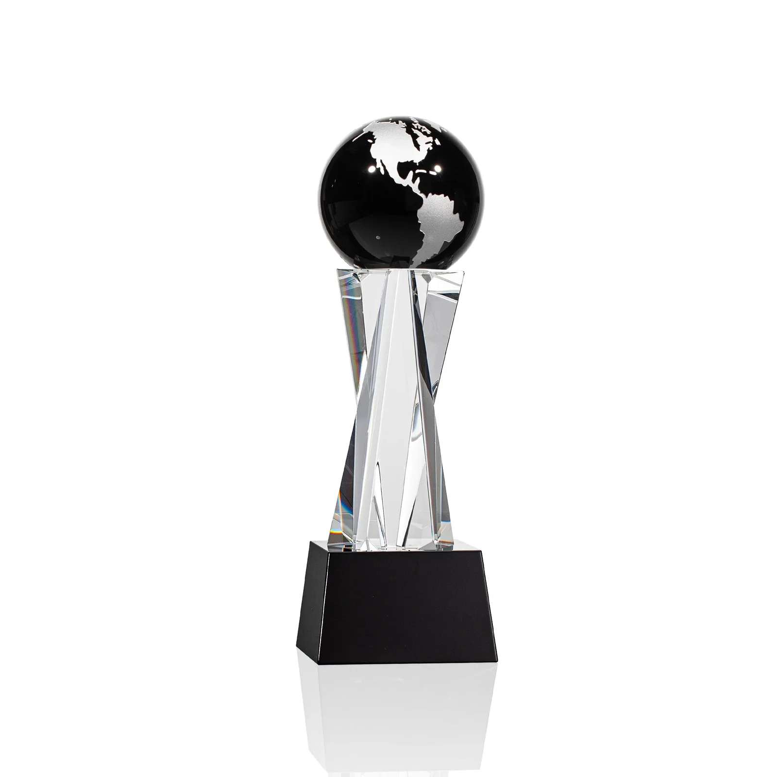 Branded Optical Crystal Globe Award on a Crystal Pillar for team milestone celebrations