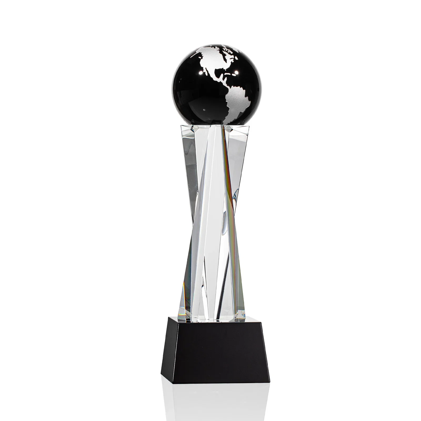 Branded Optical Crystal Globe Award on a Crystal Pillar for donor appreciation
