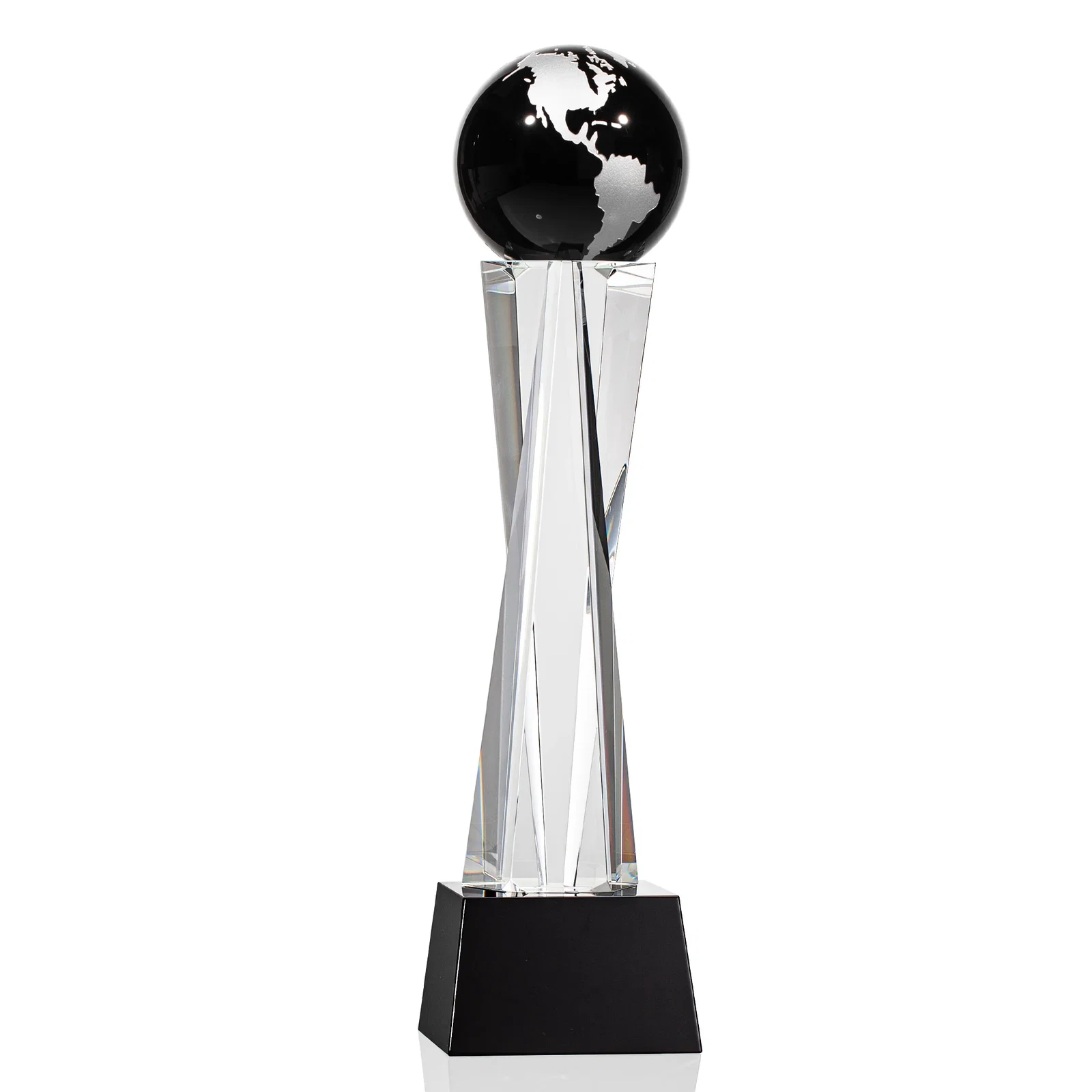 Branded Optical Crystal Globe Award on a Crystal Pillar for graduation ceremonies