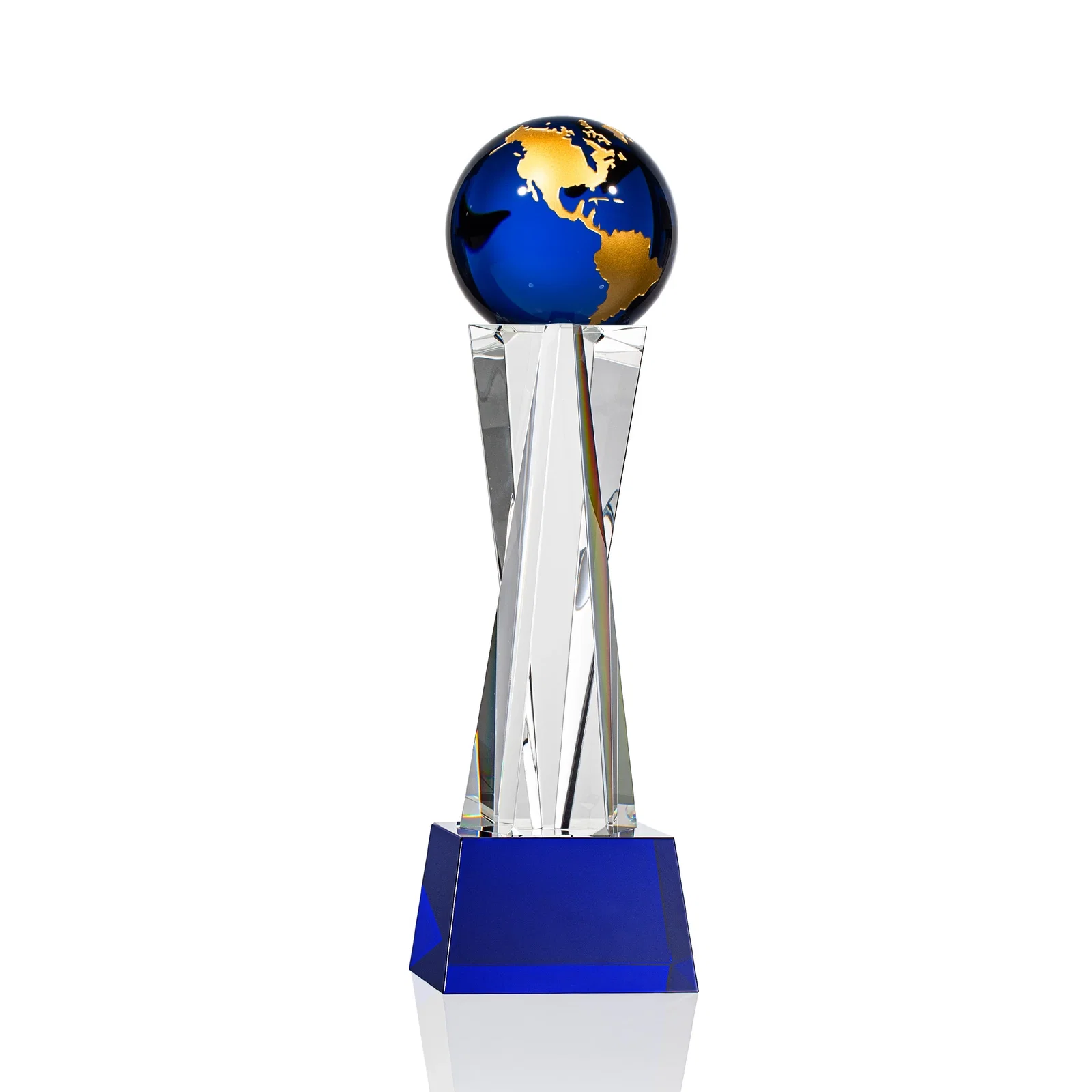 Branded Optical Crystal Globe Award on a Crystal Pillar for volunteer appreciation