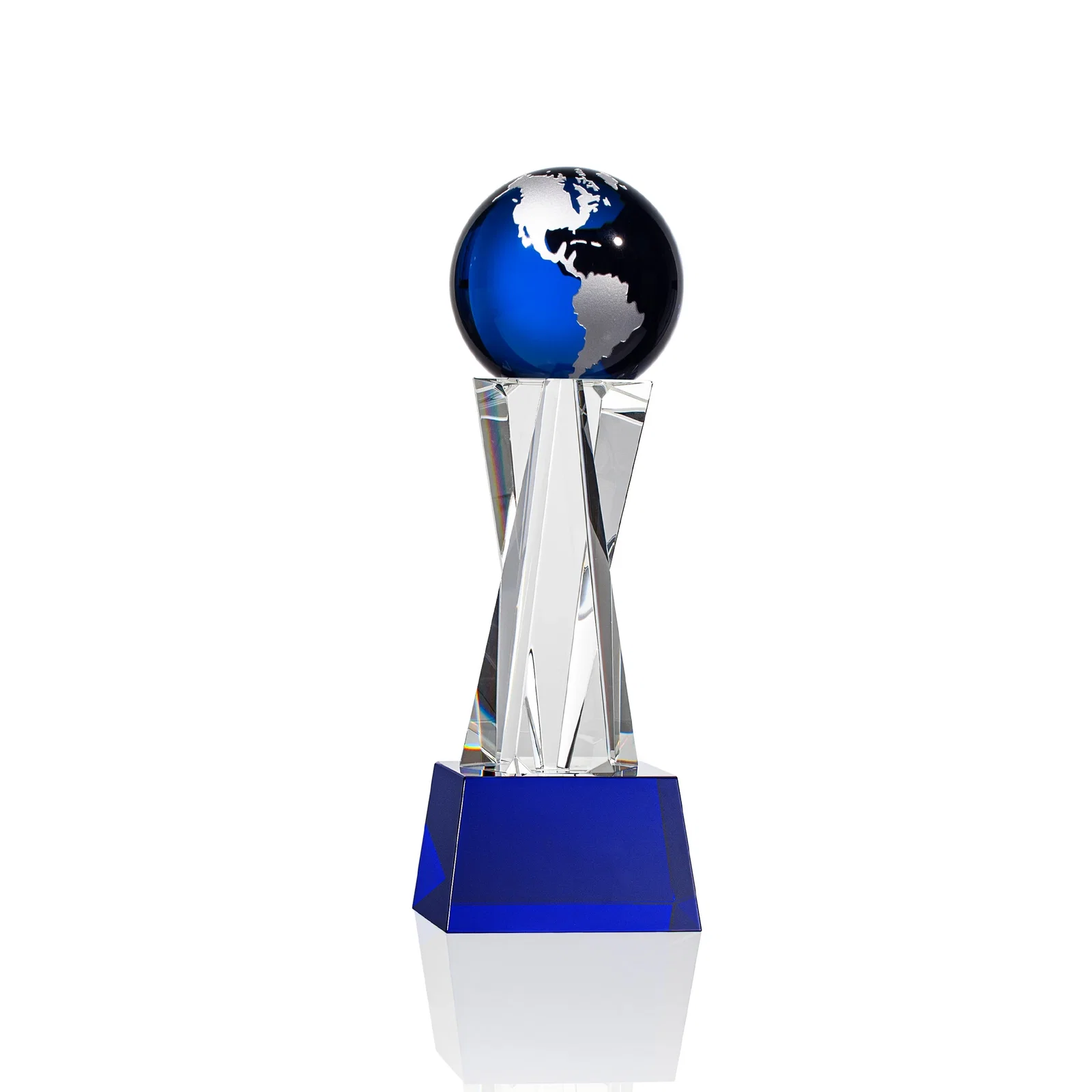 Branded Optical Crystal Globe Award on a Crystal Pillar for company anniversary events