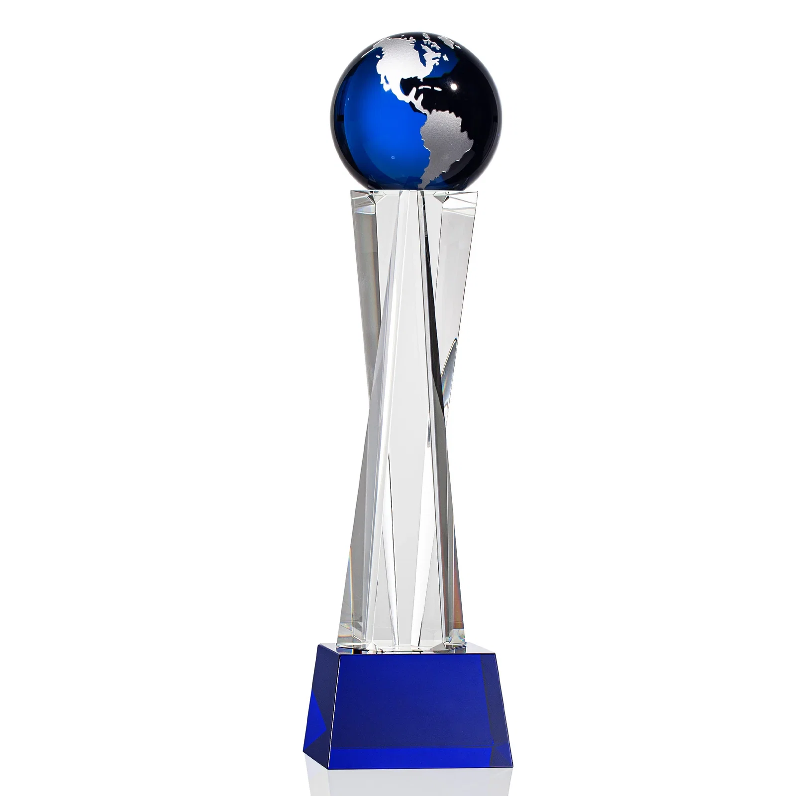Custom printed Optical Crystal Globe Award on a Crystal Pillar for corporate award ceremonies