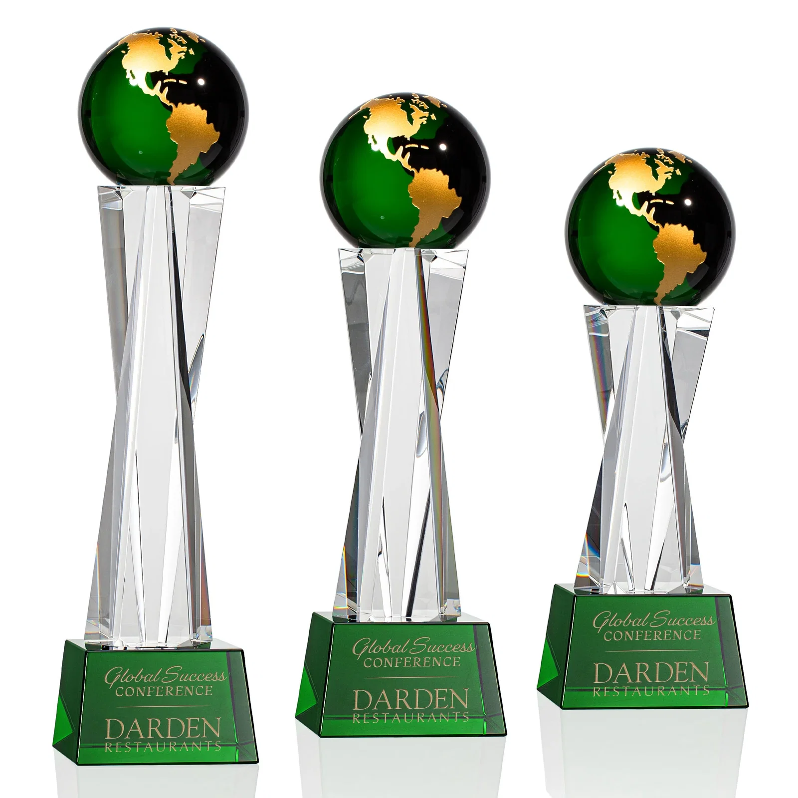 Custom Optical Crystal Globe Award on a Crystal Pillar for team milestone celebrations