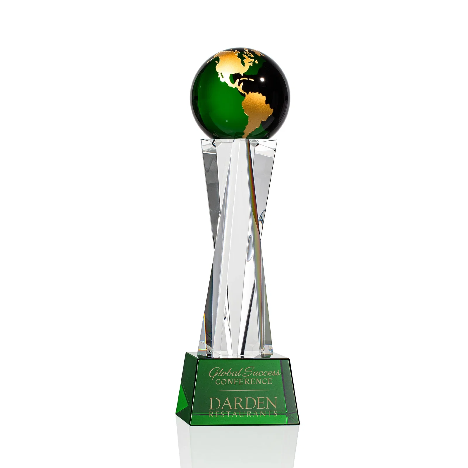 Custom Optical Crystal Globe Award on a Crystal Pillar for graduation ceremonies