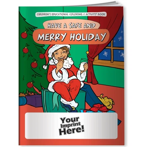 Have a Safe & Merry Holiday coloring book cover with festive illustration, front page detail