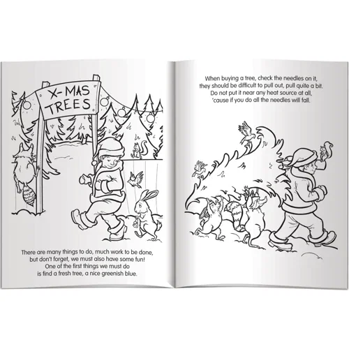 Holiday safety coloring book interior page with festive line-art to color, inside view