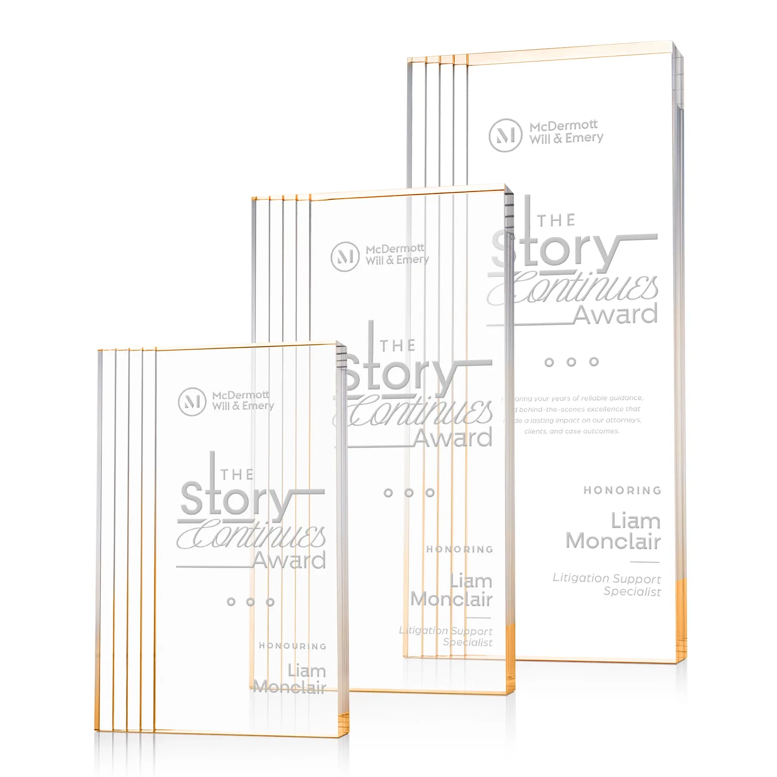 Custom Tall Acrylic Rectangle Award With Stepped Edge on One Side for retirement presentations