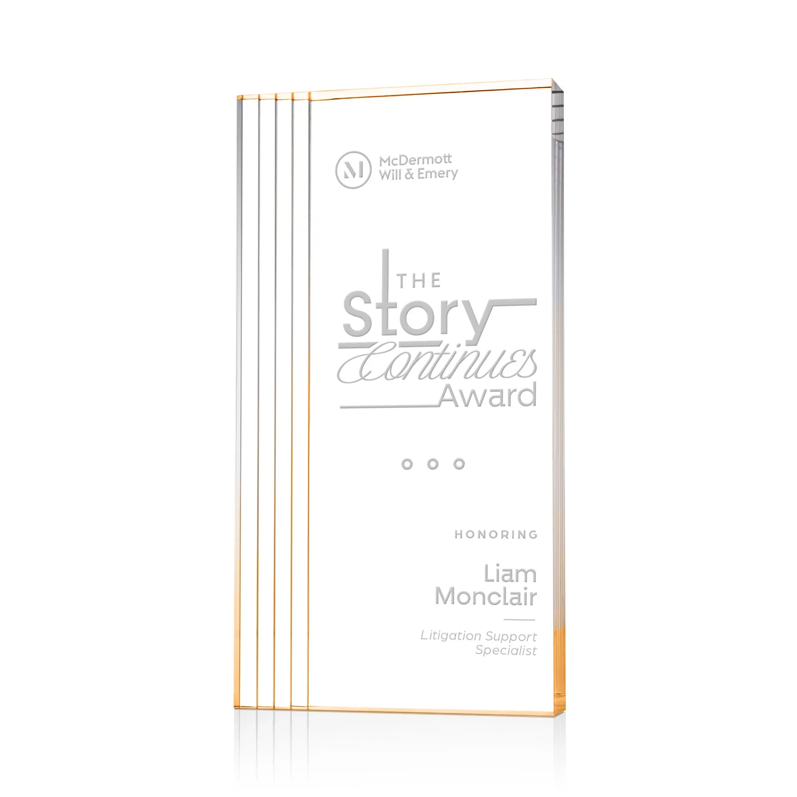 Custom Tall Acrylic Rectangle Award With Stepped Edge on One Side for donor appreciation
