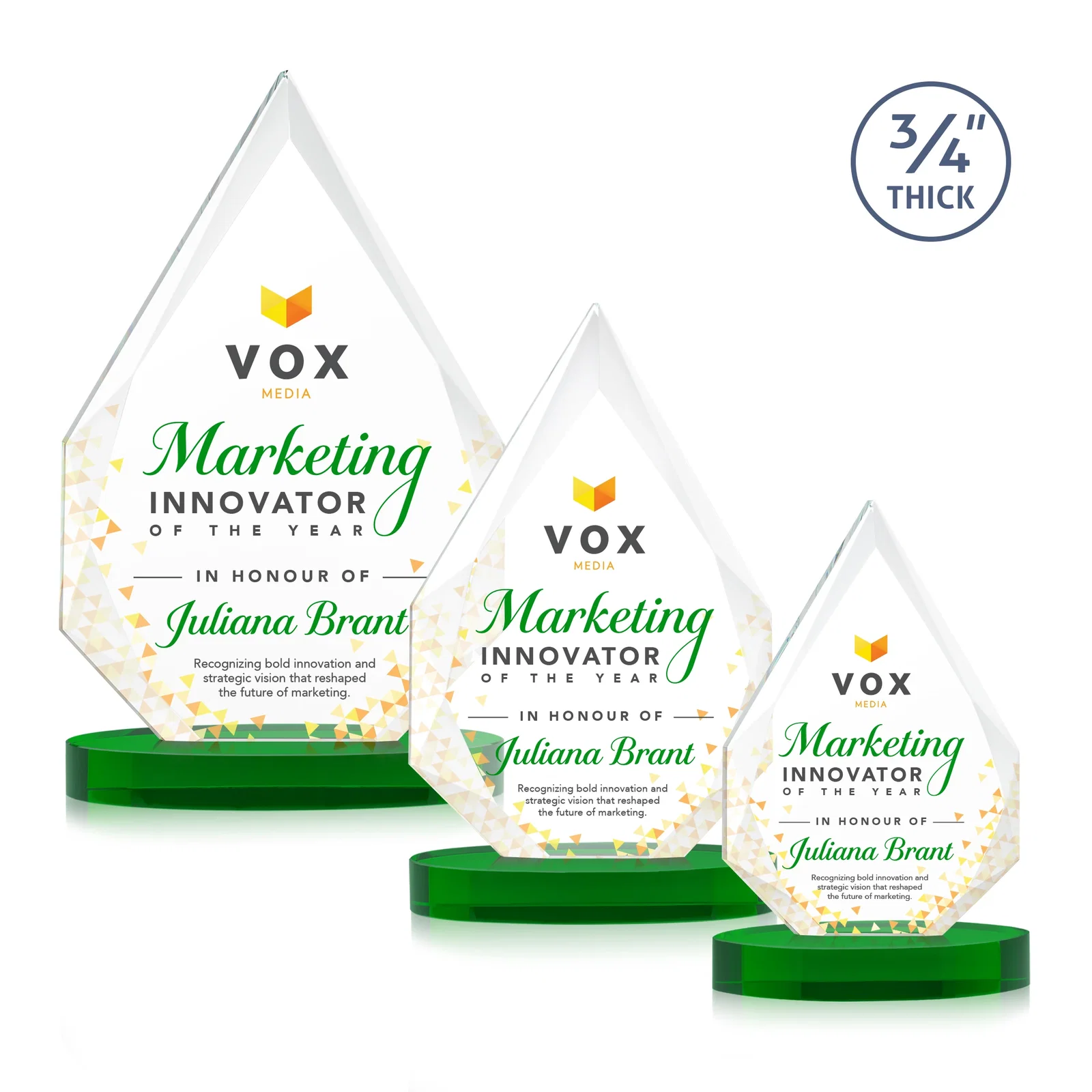 Custom printed Starfire Crystal Award Tapering to a Faceted Peak, awards for employee recognition