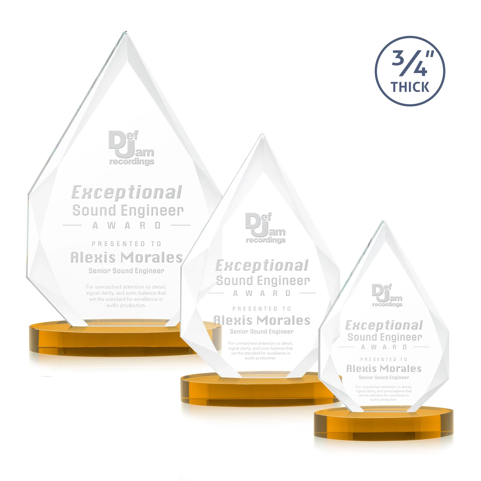 Custom Starfire Crystal Award Tapering to a Faceted Peak, awards for retirement presentations