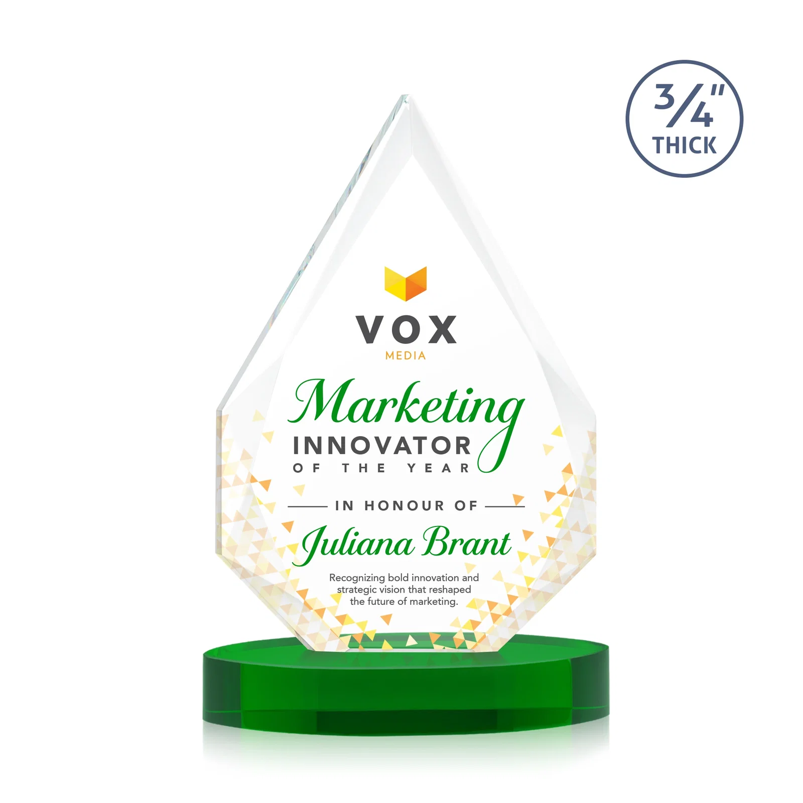 Custom printed Starfire Crystal Award Tapering to a Faceted Peak, awards for corporate award ceremonies