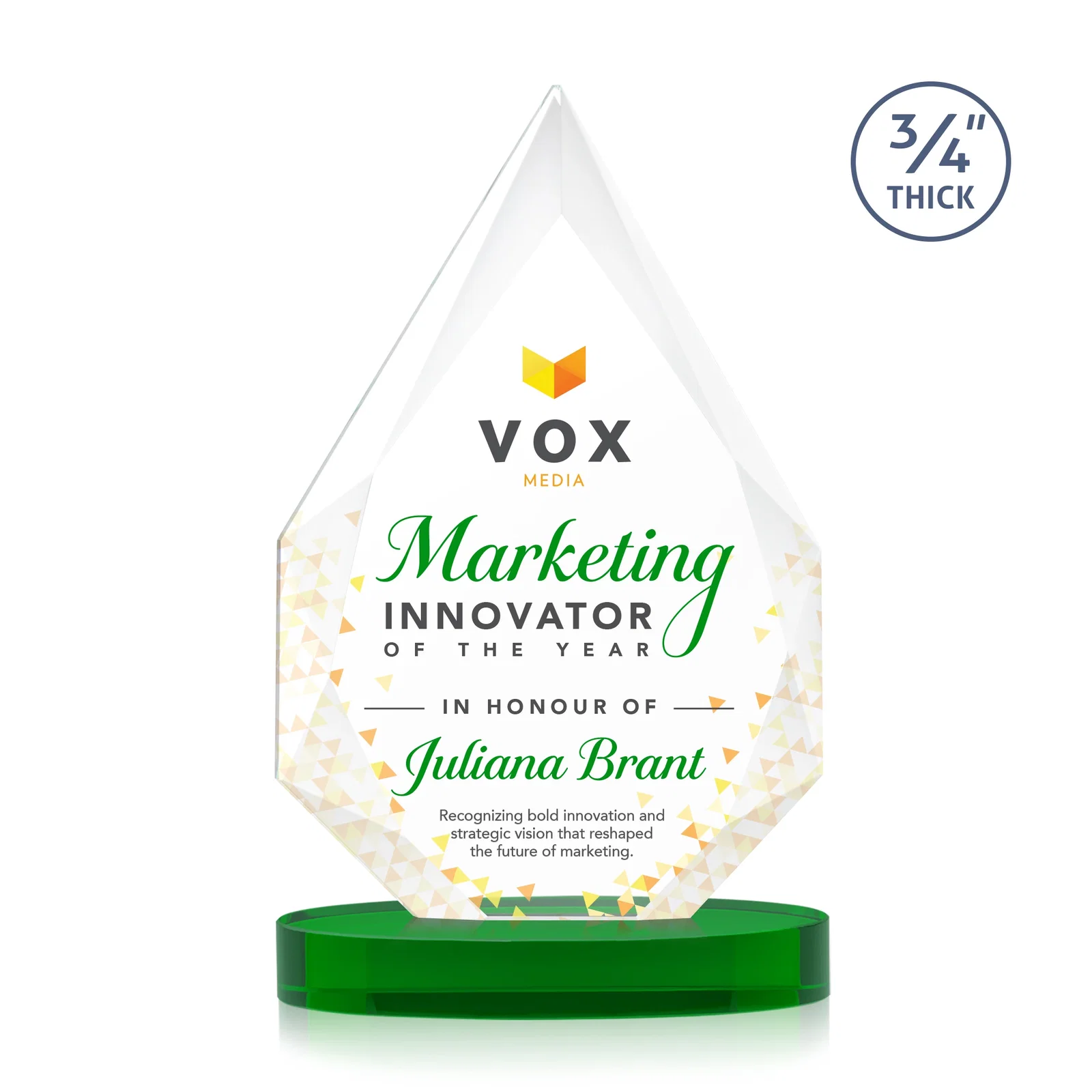 Custom printed Starfire Crystal Award Tapering to a Faceted Peak, awards for service anniversary gifts