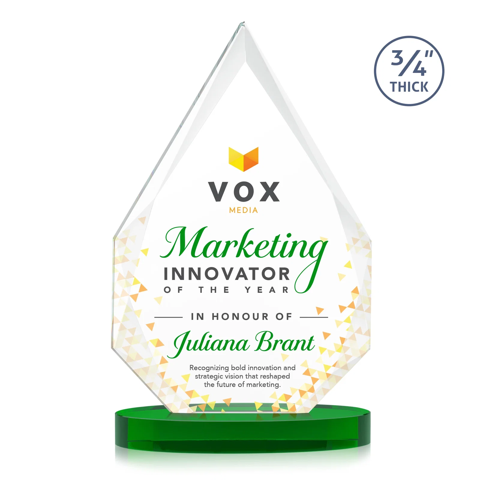 Custom printed Starfire Crystal Award Tapering to a Faceted Peak, awards for sales achievement awards