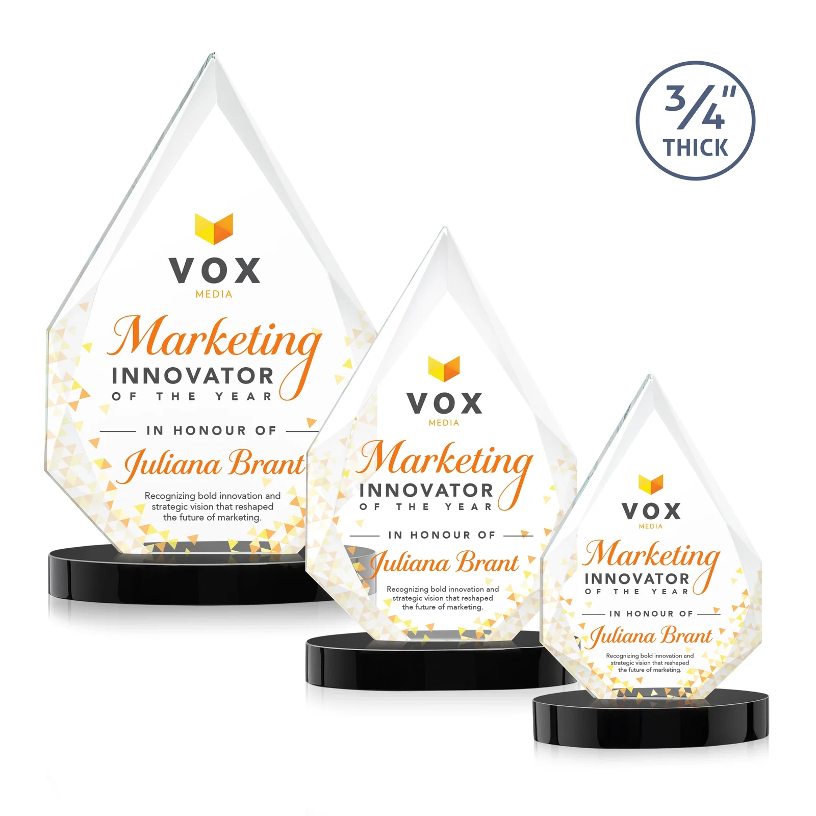 Custom printed Starfire Crystal Award Tapering to a Faceted Peak, awards for retirement presentations