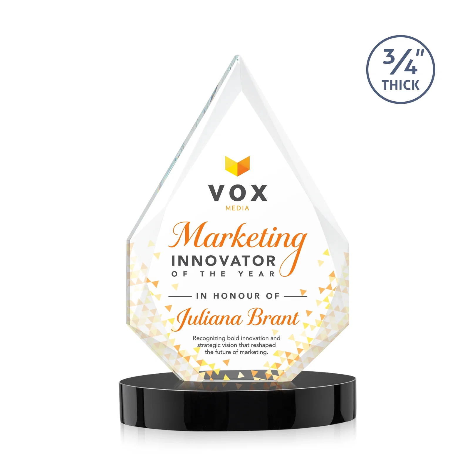 Custom printed Starfire Crystal Award Tapering to a Faceted Peak, awards for team milestone celebrations