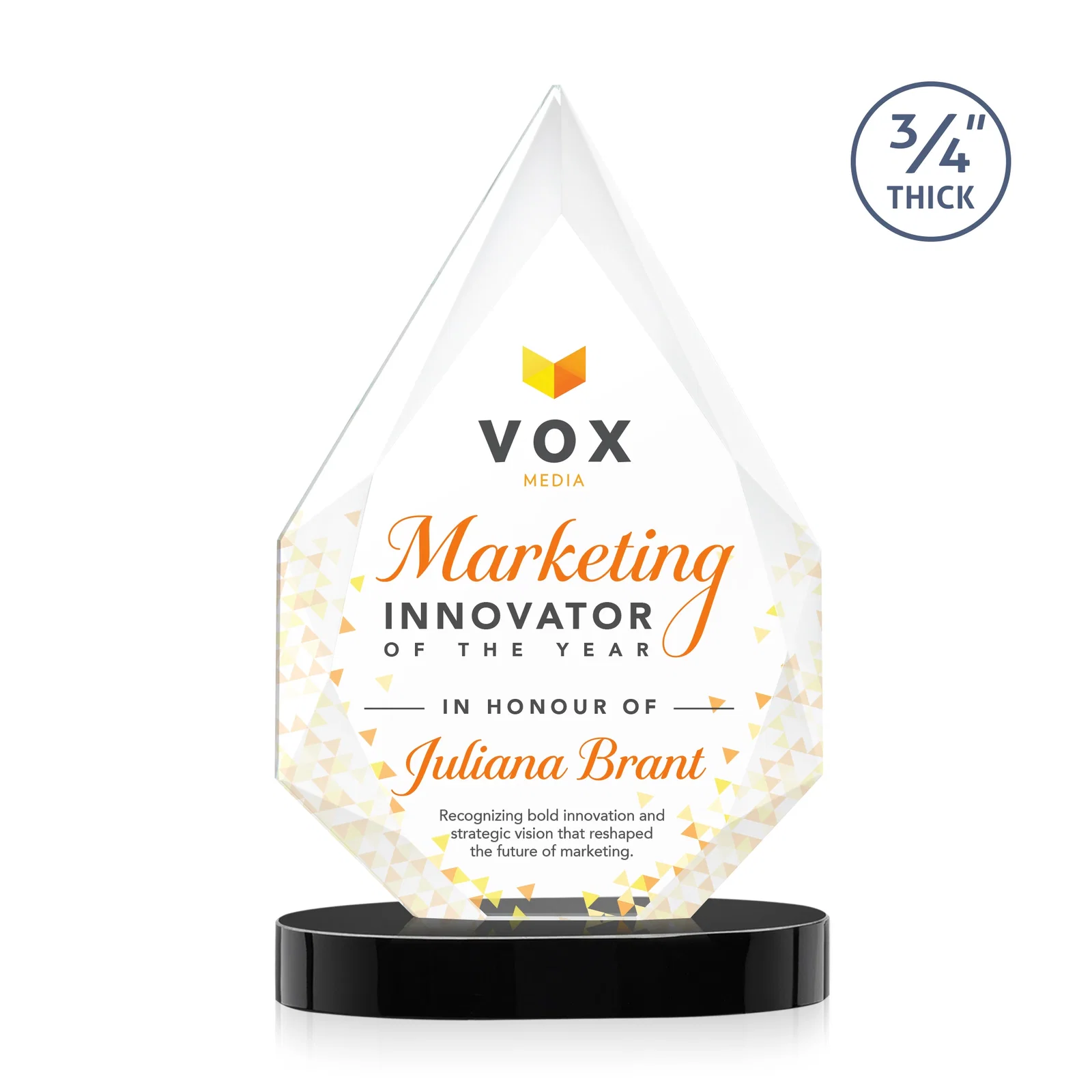 Custom printed Starfire Crystal Award Tapering to a Faceted Peak, awards for donor appreciation