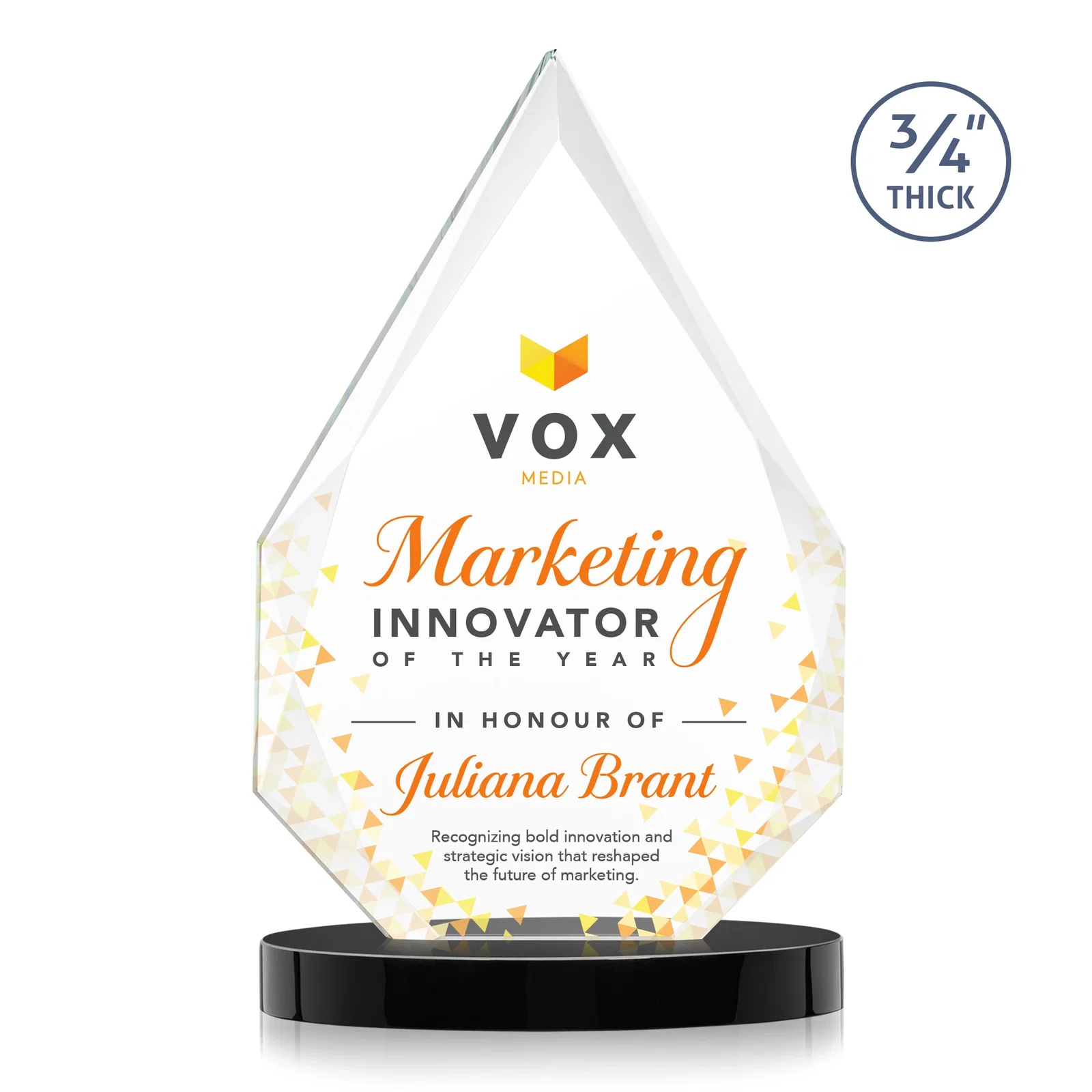 Custom printed Starfire Crystal Award Tapering to a Faceted Peak, awards for graduation ceremonies