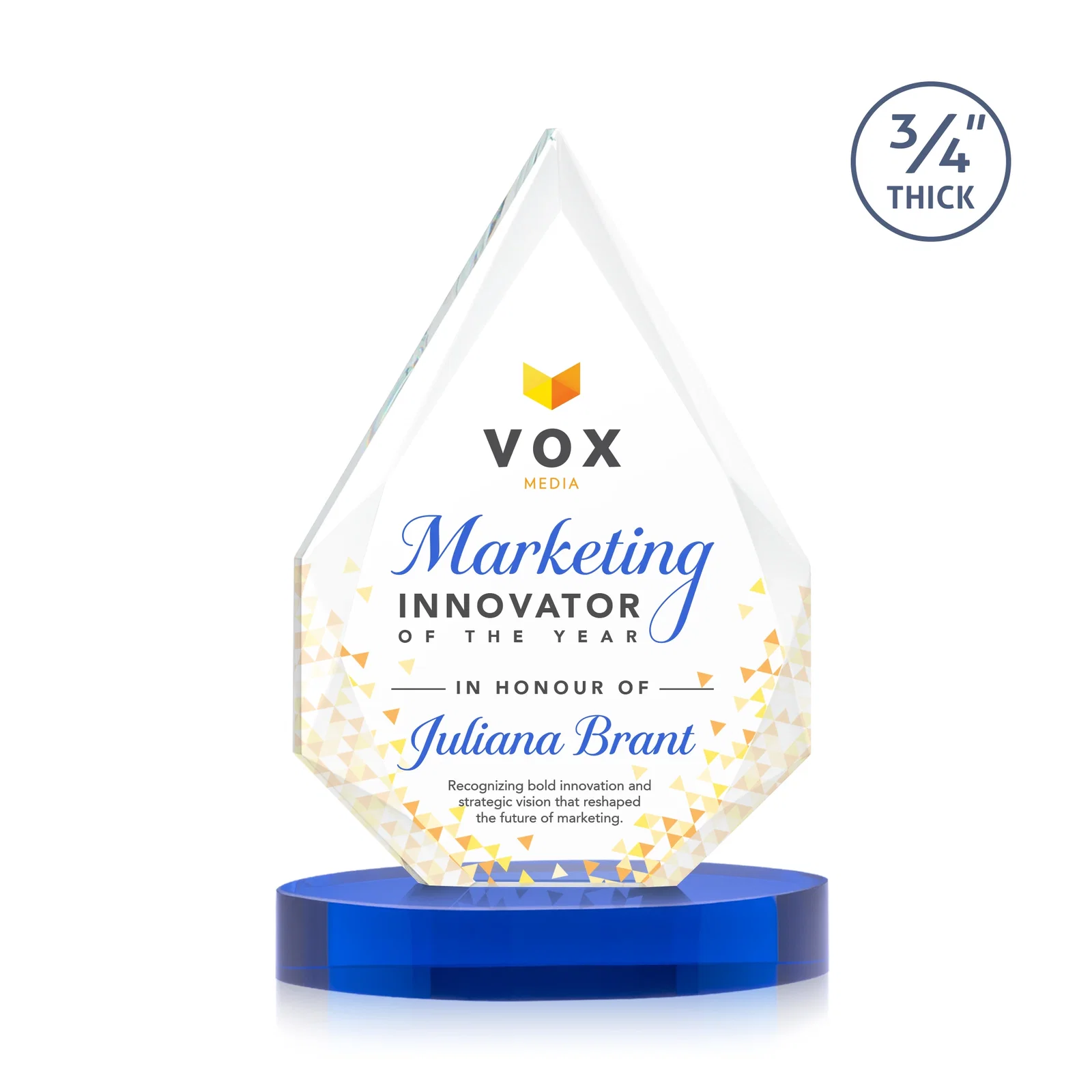 Custom printed Starfire Crystal Award Tapering to a Faceted Peak, awards for volunteer appreciation