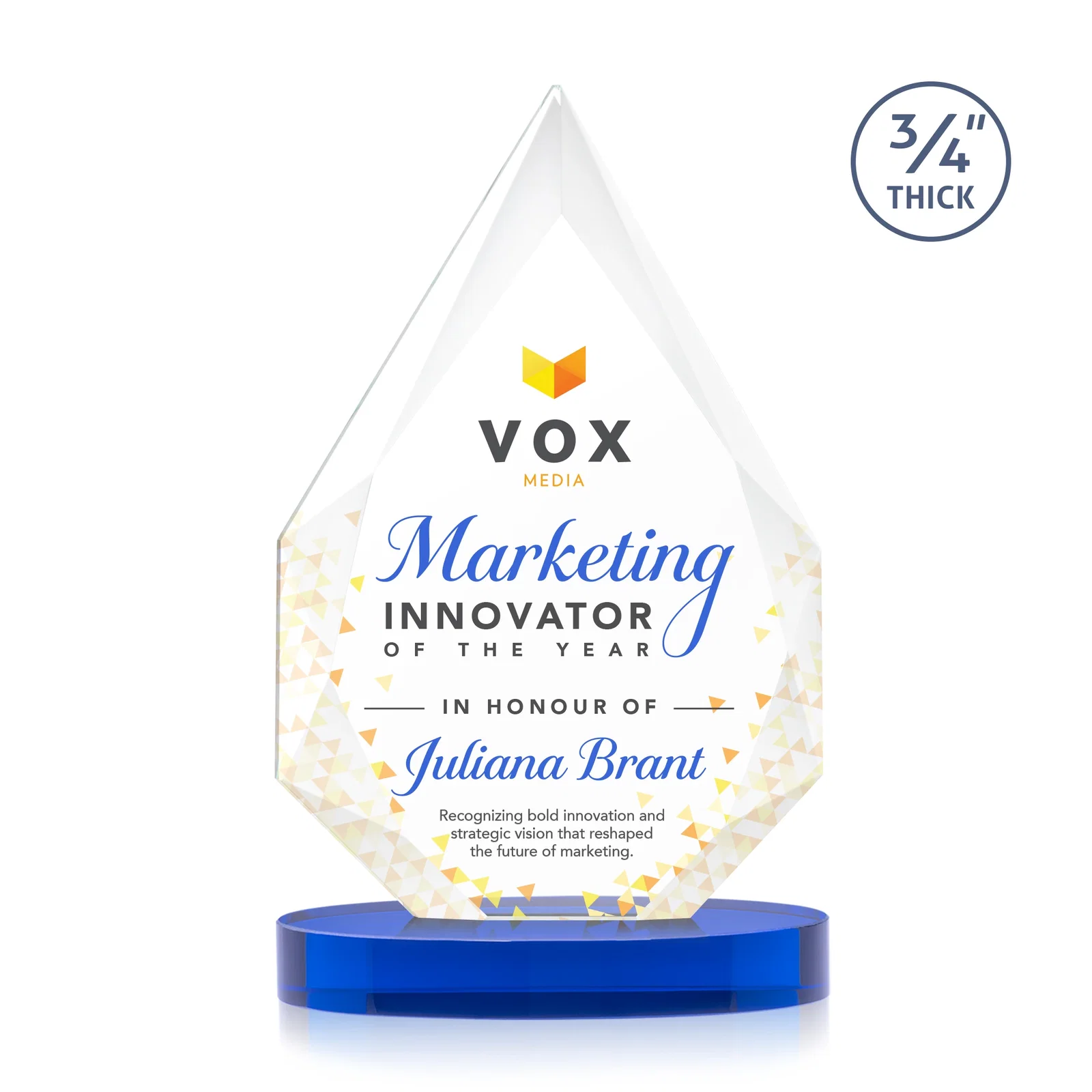 Custom printed Starfire Crystal Award Tapering to a Faceted Peak, awards for dealer and partner awards