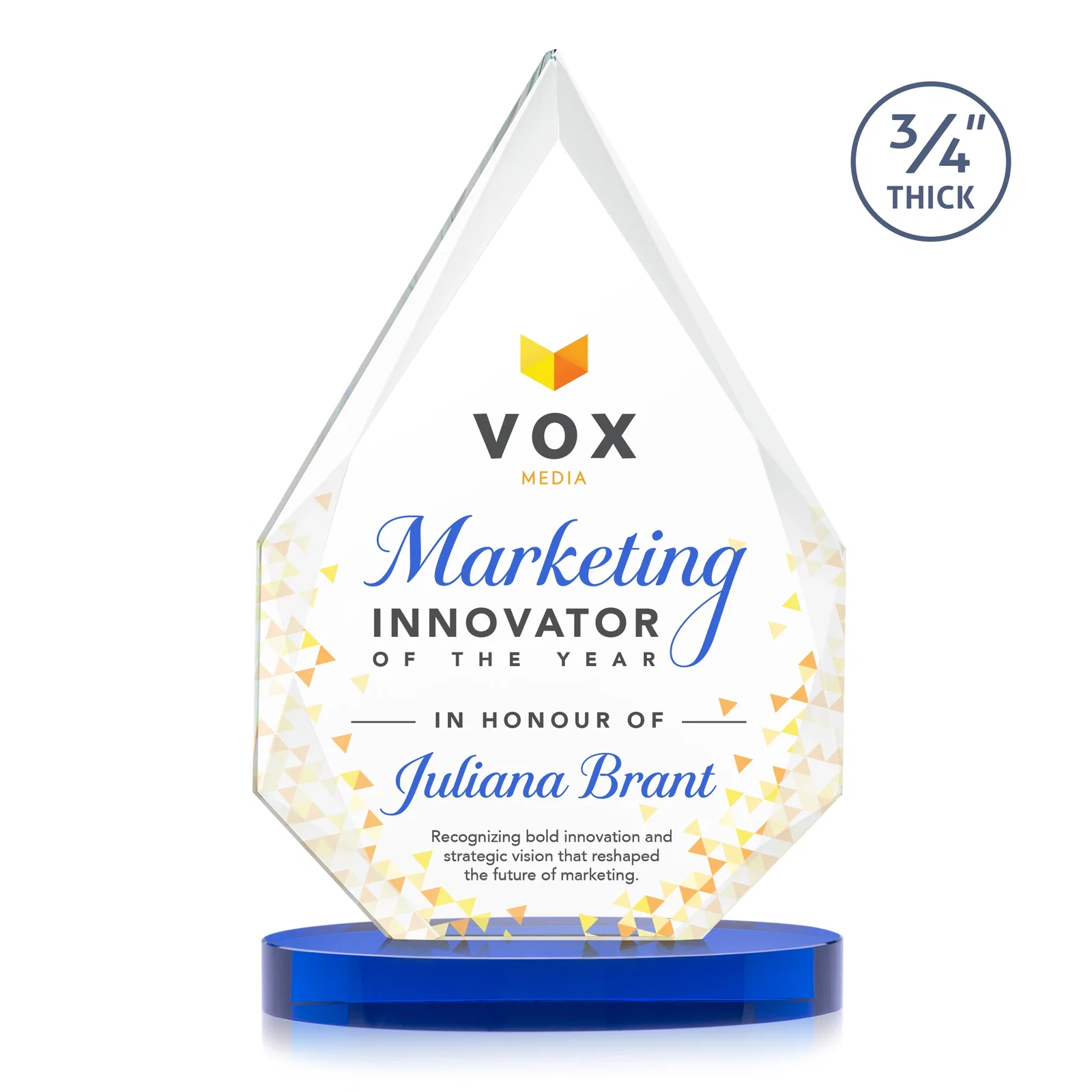 Custom printed Starfire Crystal Award Tapering to a Faceted Peak, awards for company anniversary events