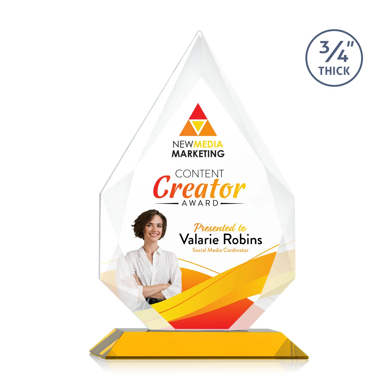 Custom printed Starfire Crystal Peak Award With Facets Rising to a Point for employee recognition