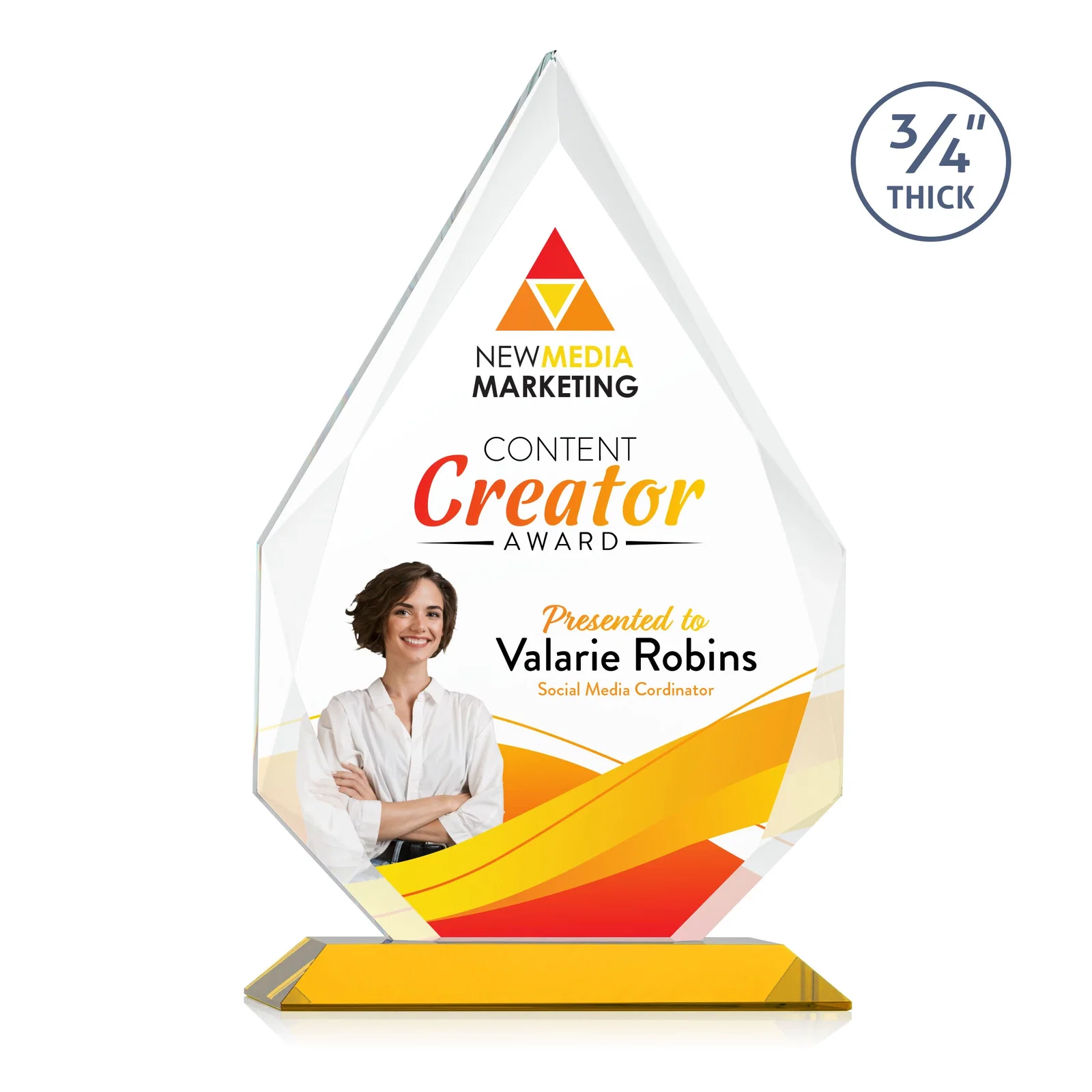 Custom printed Starfire Crystal Peak Award With Facets Rising to a Point for corporate award ceremonies
