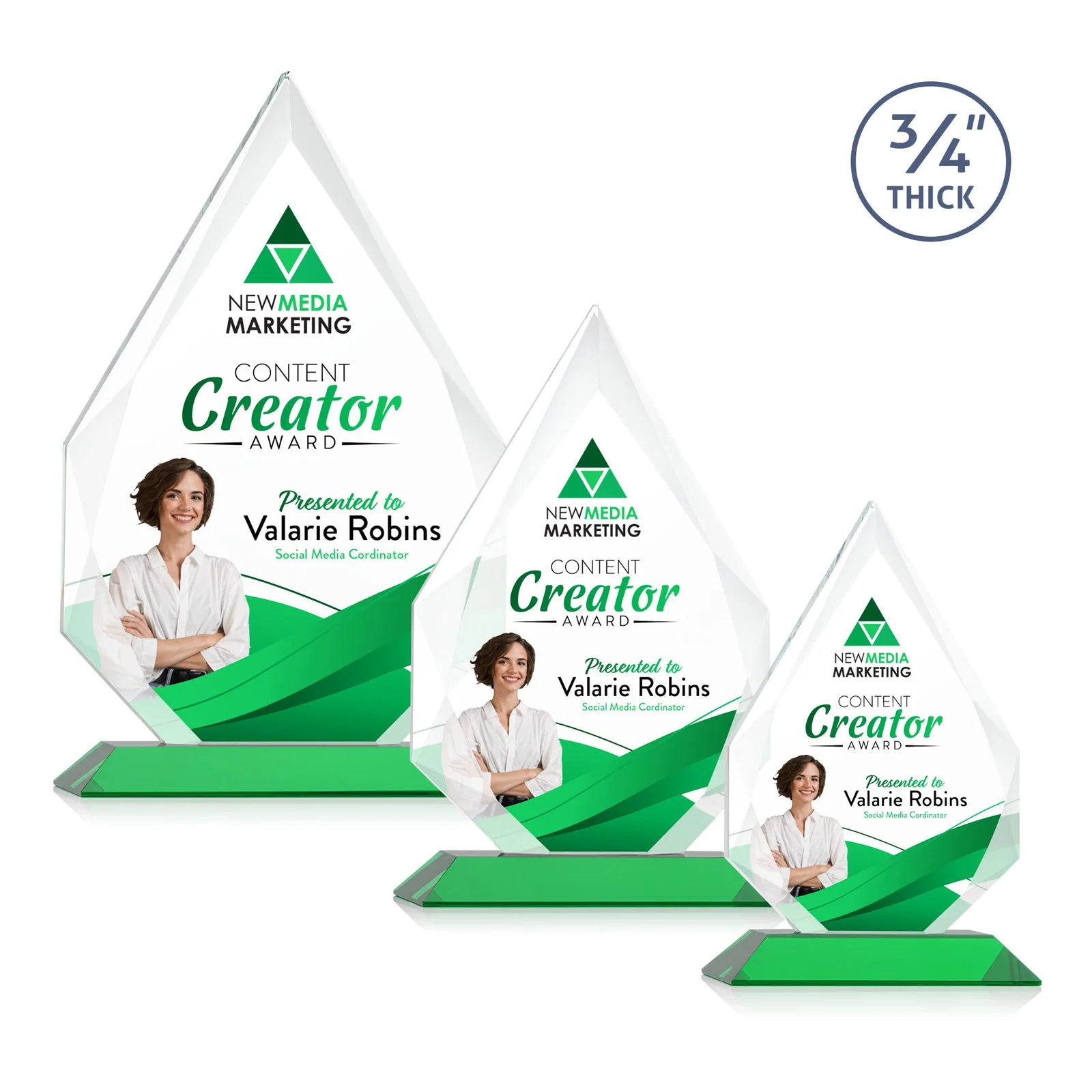 Custom printed Starfire Crystal Peak Award With Facets Rising to a Point for service anniversary gifts
