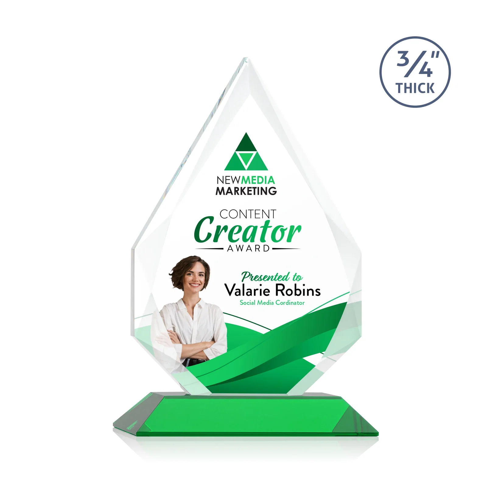 Custom printed Starfire Crystal Peak Award With Facets Rising to a Point for sales achievement awards