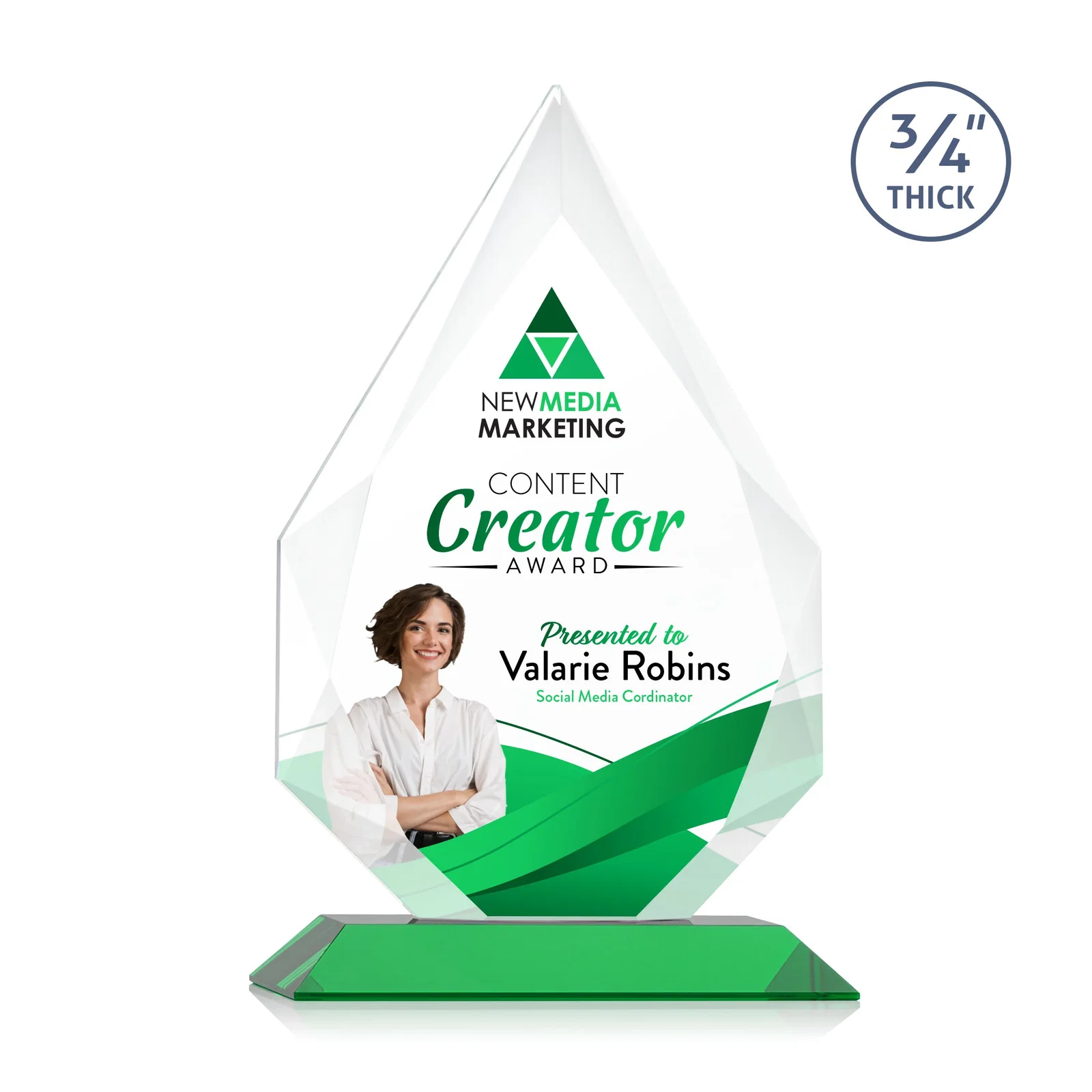 Custom printed Starfire Crystal Peak Award With Facets Rising to a Point for retirement presentations