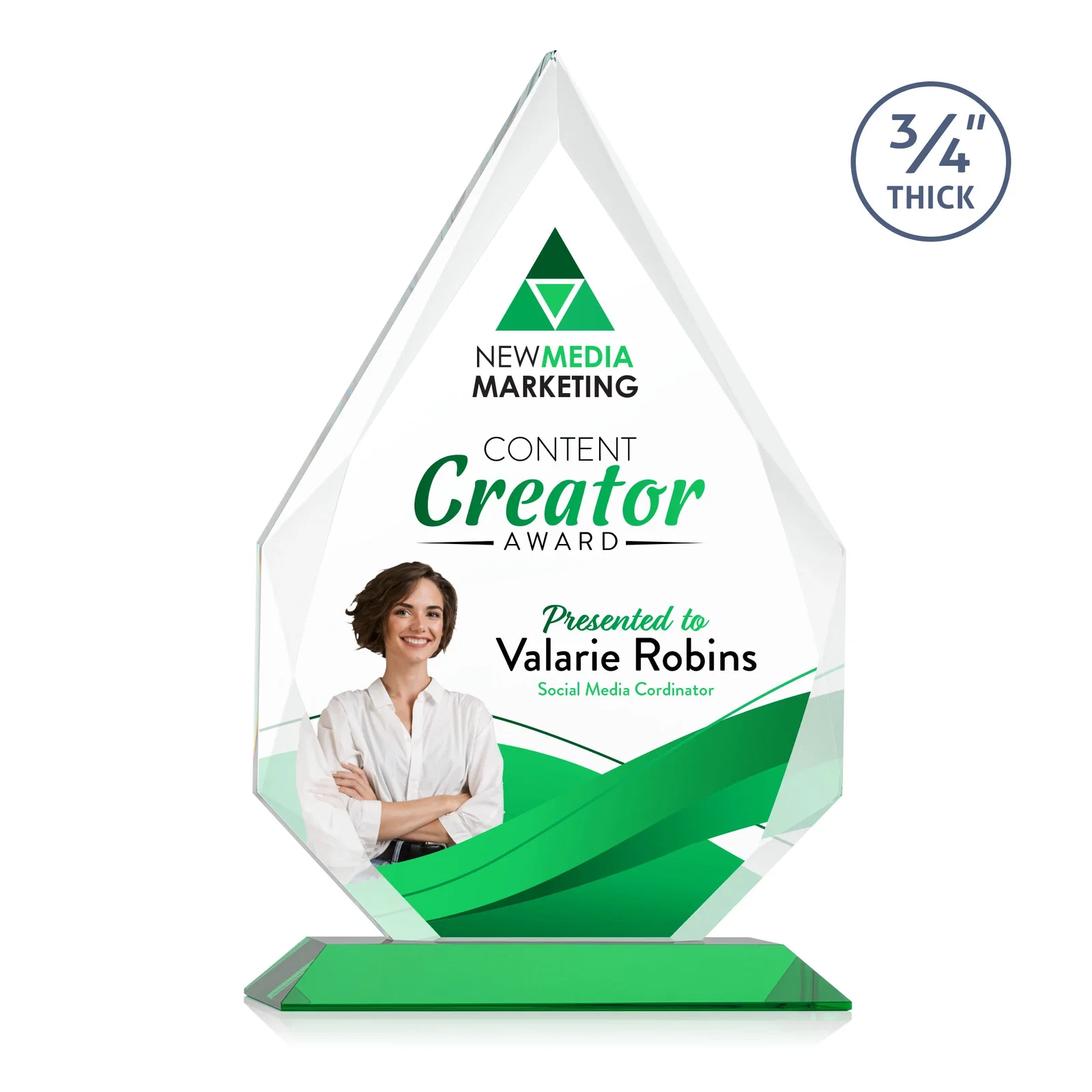 Custom printed Starfire Crystal Peak Award With Facets Rising to a Point for team milestone celebrations