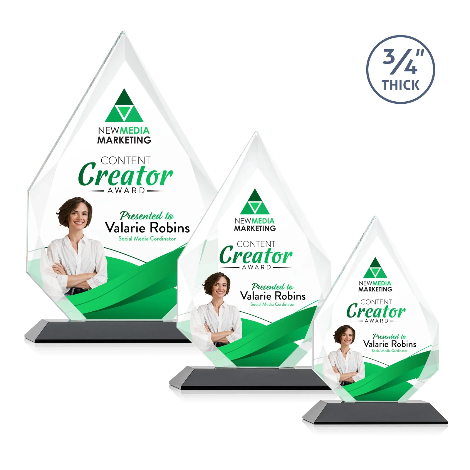 Custom printed Starfire Crystal Peak Award With Facets Rising to a Point for donor appreciation