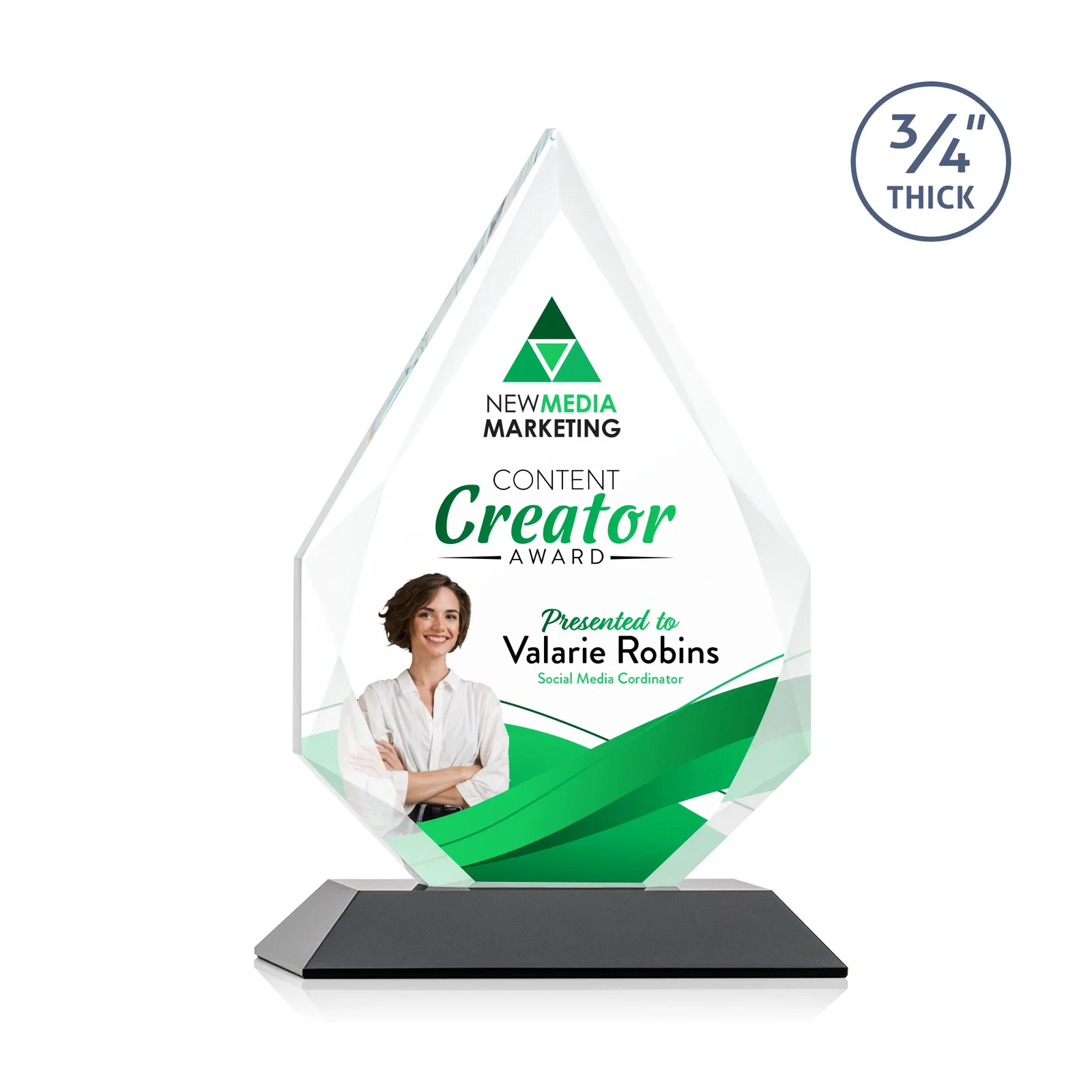Custom printed Starfire Crystal Peak Award With Facets Rising to a Point for graduation ceremonies