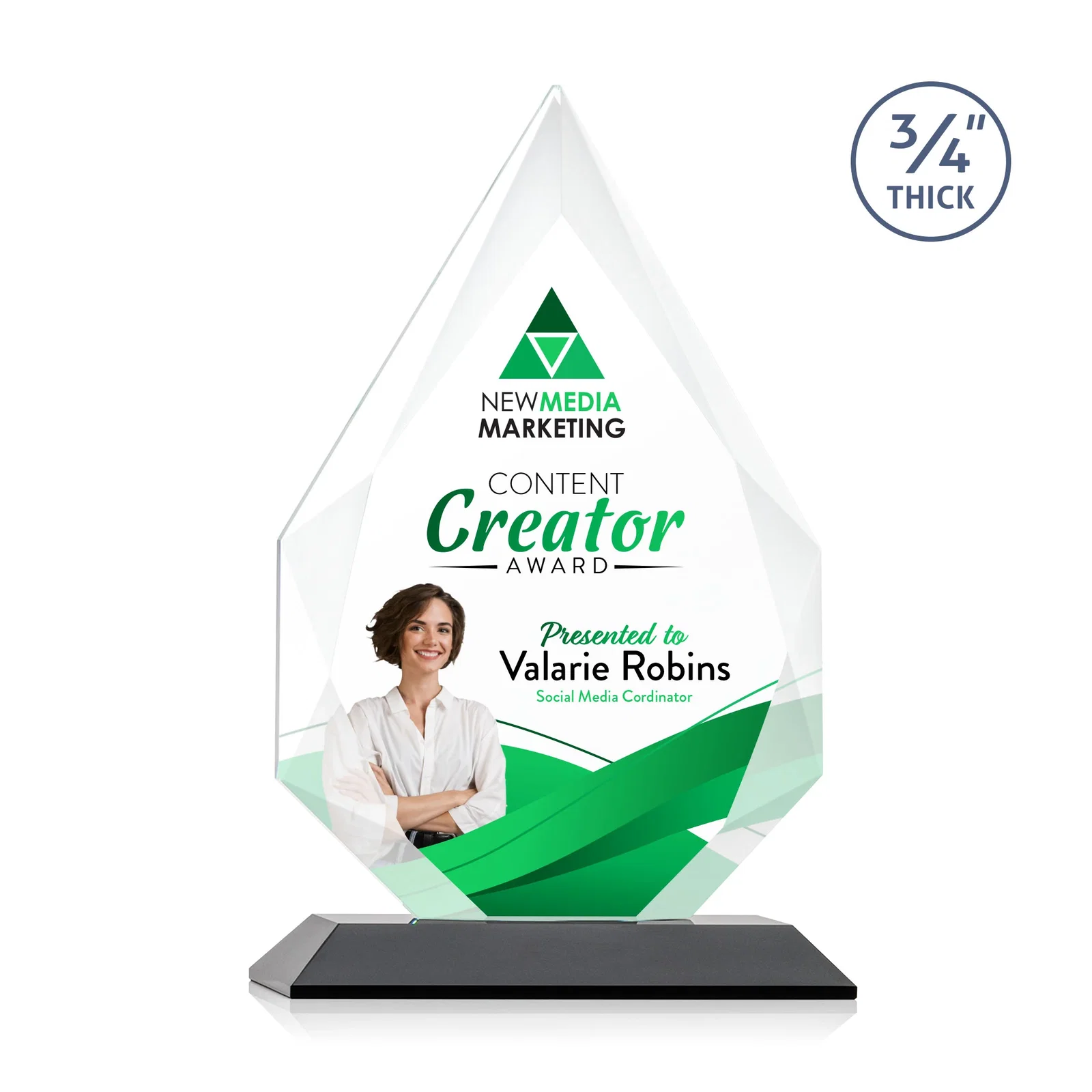Custom printed Starfire Crystal Peak Award With Facets Rising to a Point for safety achievement programs