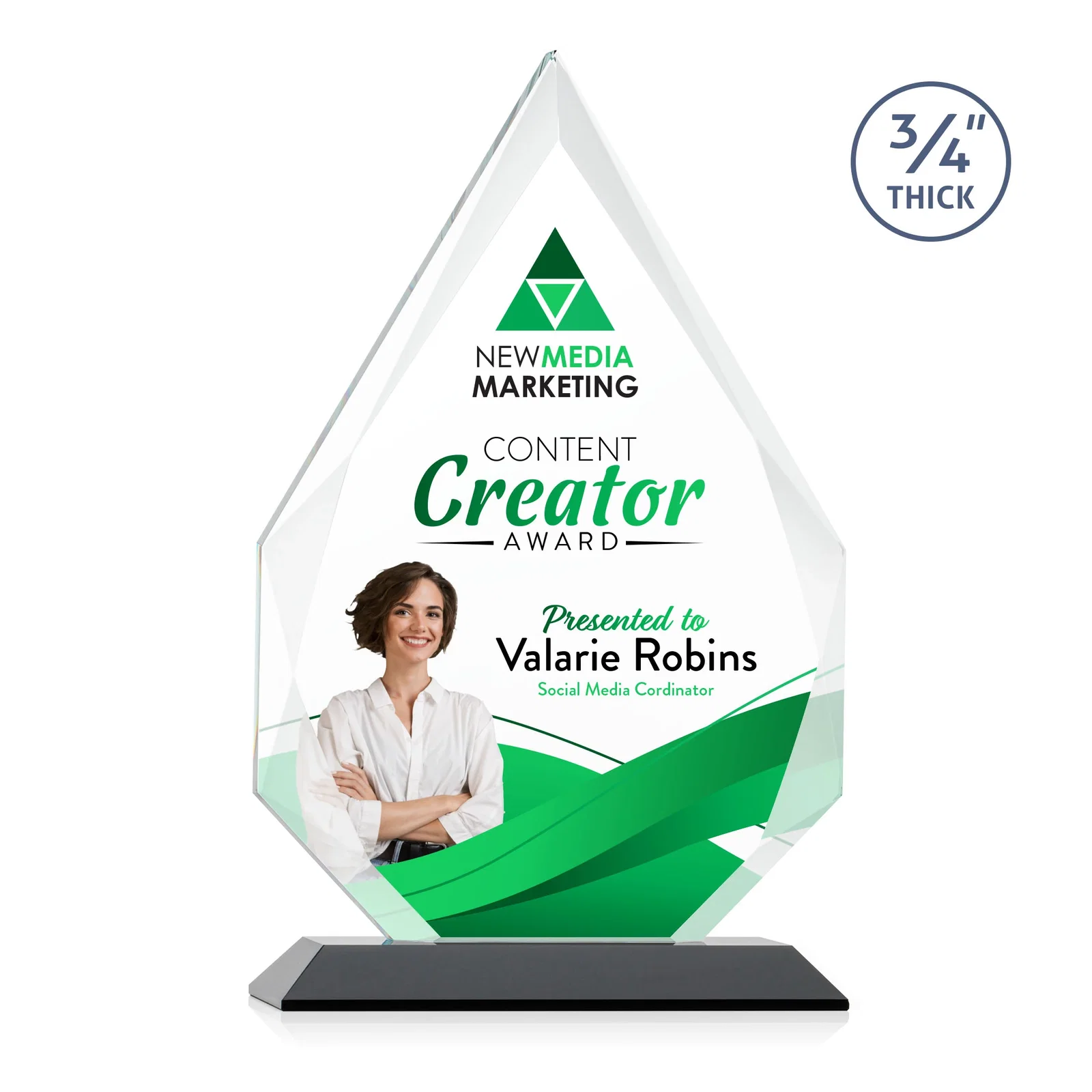 Custom printed Starfire Crystal Peak Award With Facets Rising to a Point for volunteer appreciation