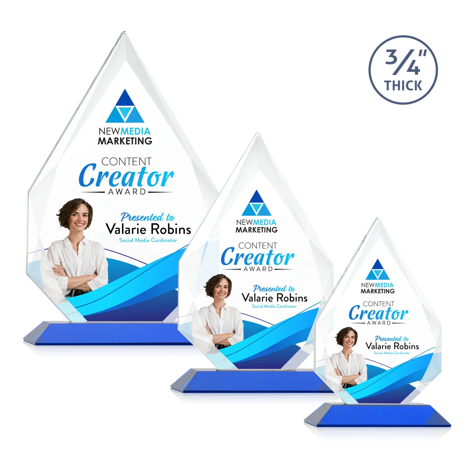 Custom printed Starfire Crystal Peak Award With Facets Rising to a Point for dealer and partner awards