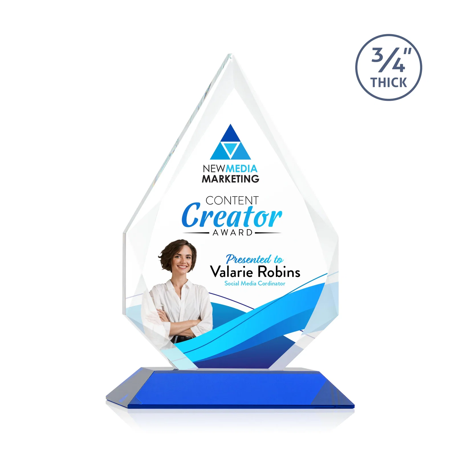 Custom printed Starfire Crystal Peak Award With Facets Rising to a Point for company anniversary events