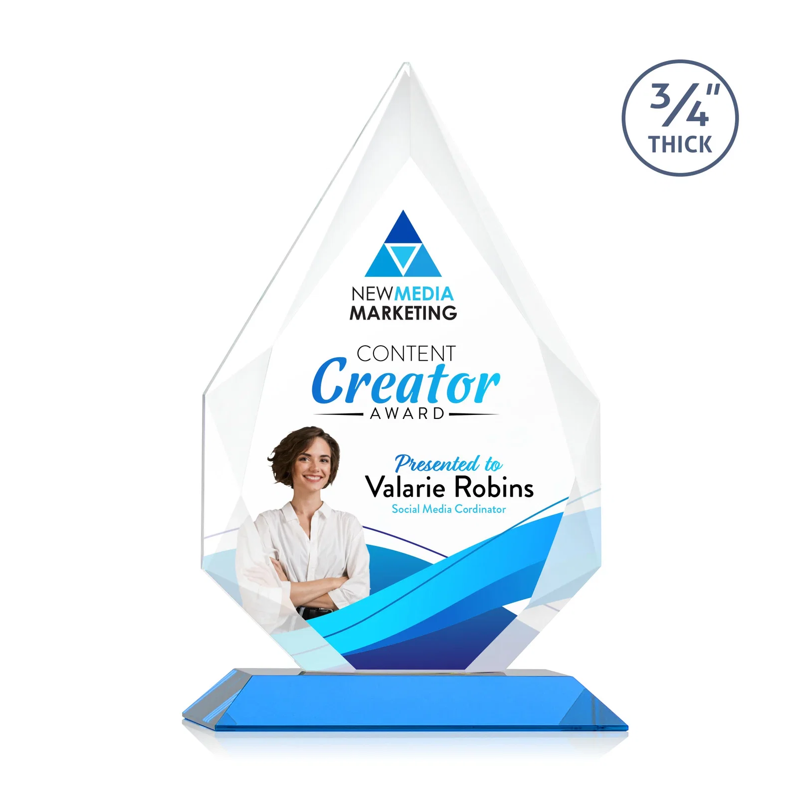 Custom engraved Starfire Crystal Peak Award With Facets Rising to a Point for employee recognition
