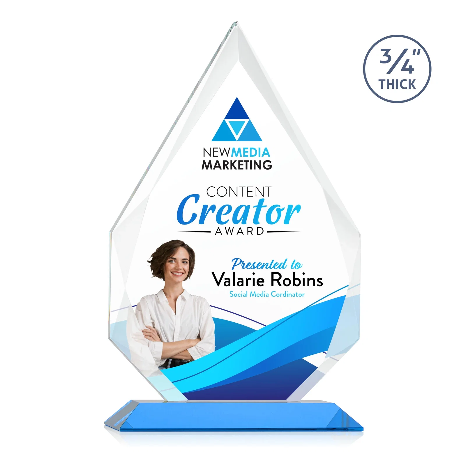 Custom engraved Starfire Crystal Peak Award With Facets Rising to a Point for corporate award ceremonies