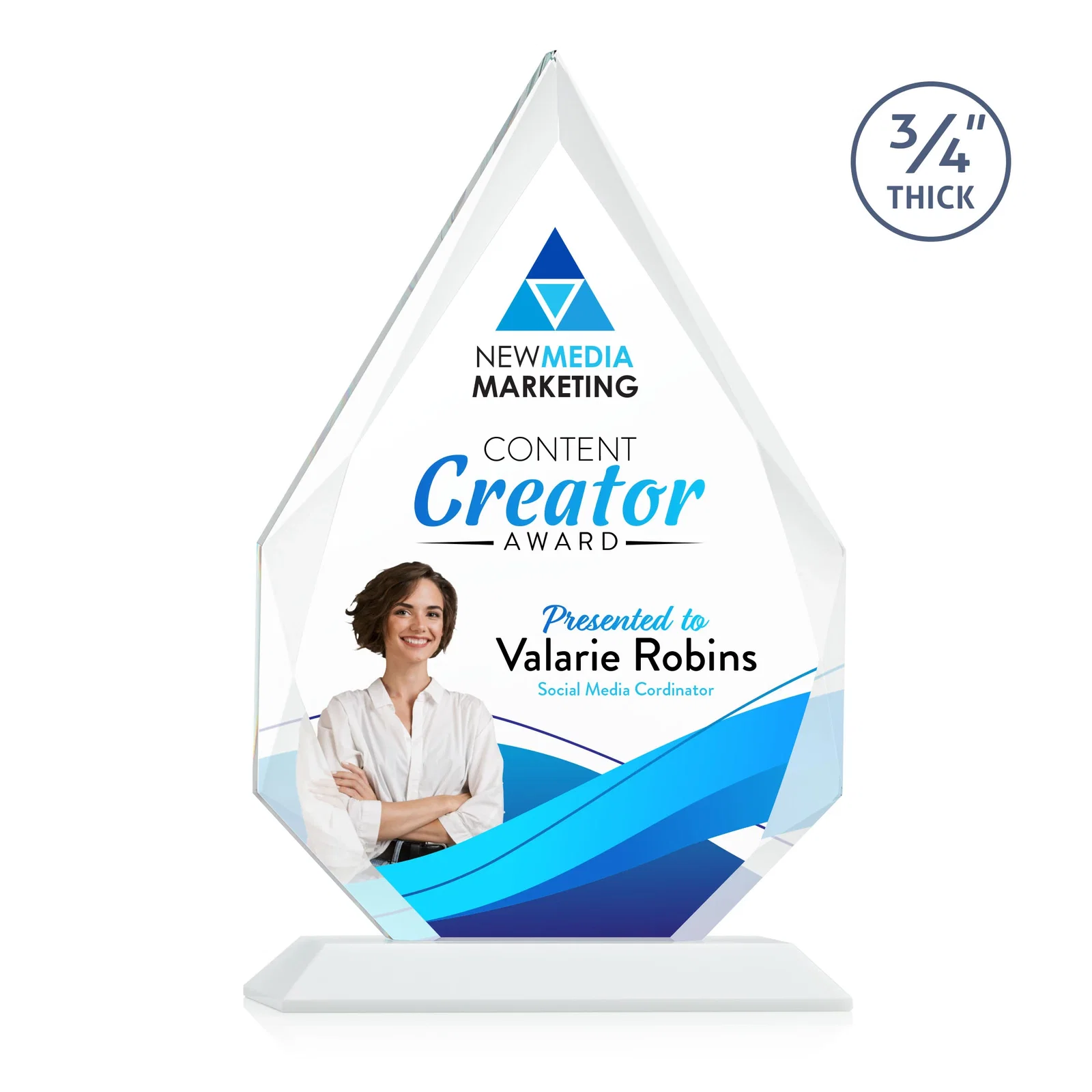 Custom engraved Starfire Crystal Peak Award With Facets Rising to a Point for team milestone celebrations