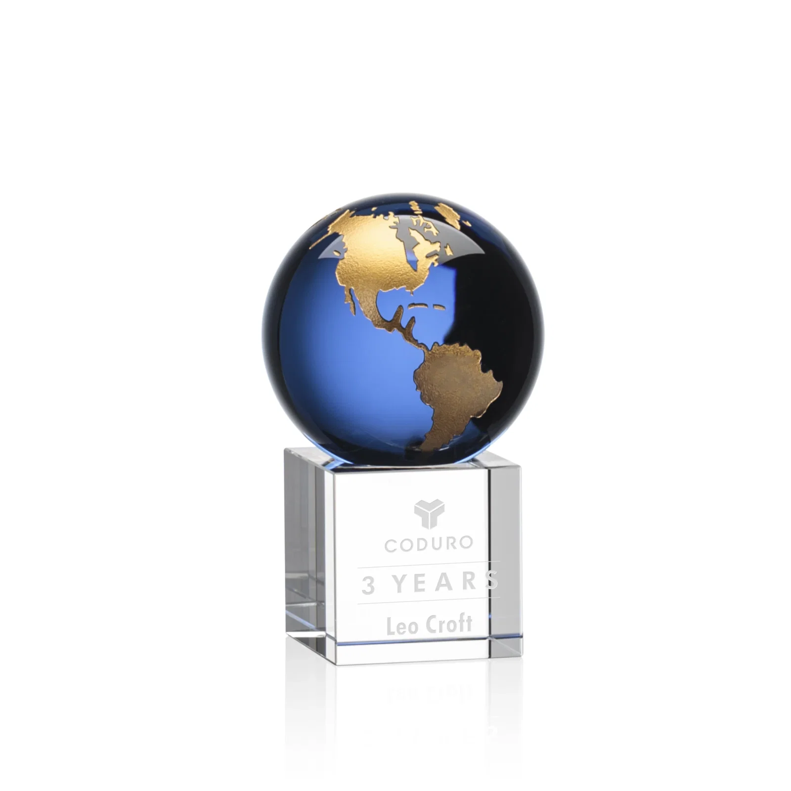 Custom Color-Filled Continent Crystal Globe Award on Optical Cube for volunteer appreciation