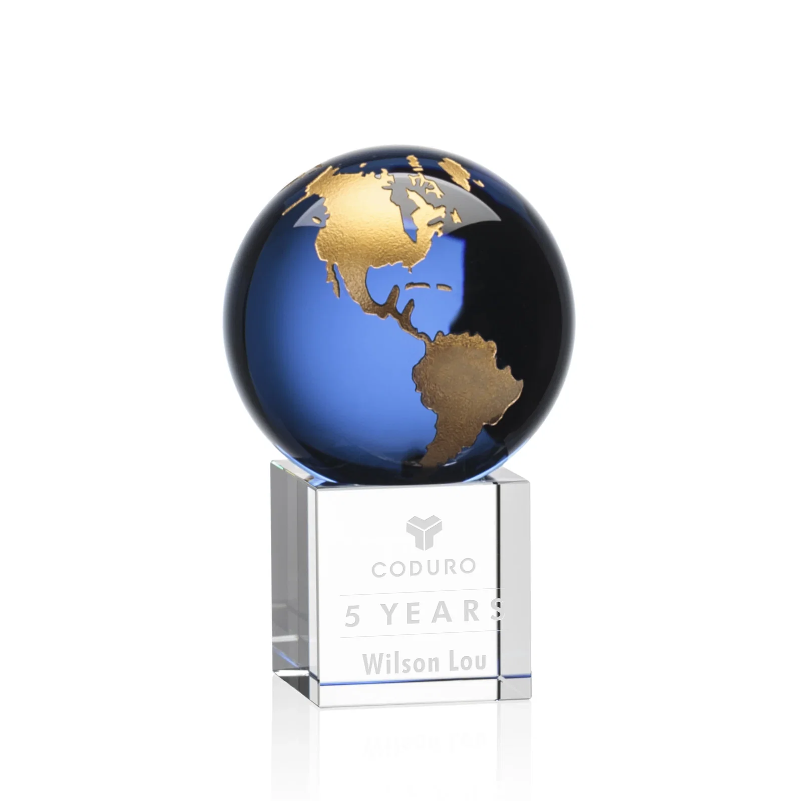 Custom Color-Filled Continent Crystal Globe Award on Optical Cube for dealer and partner awards