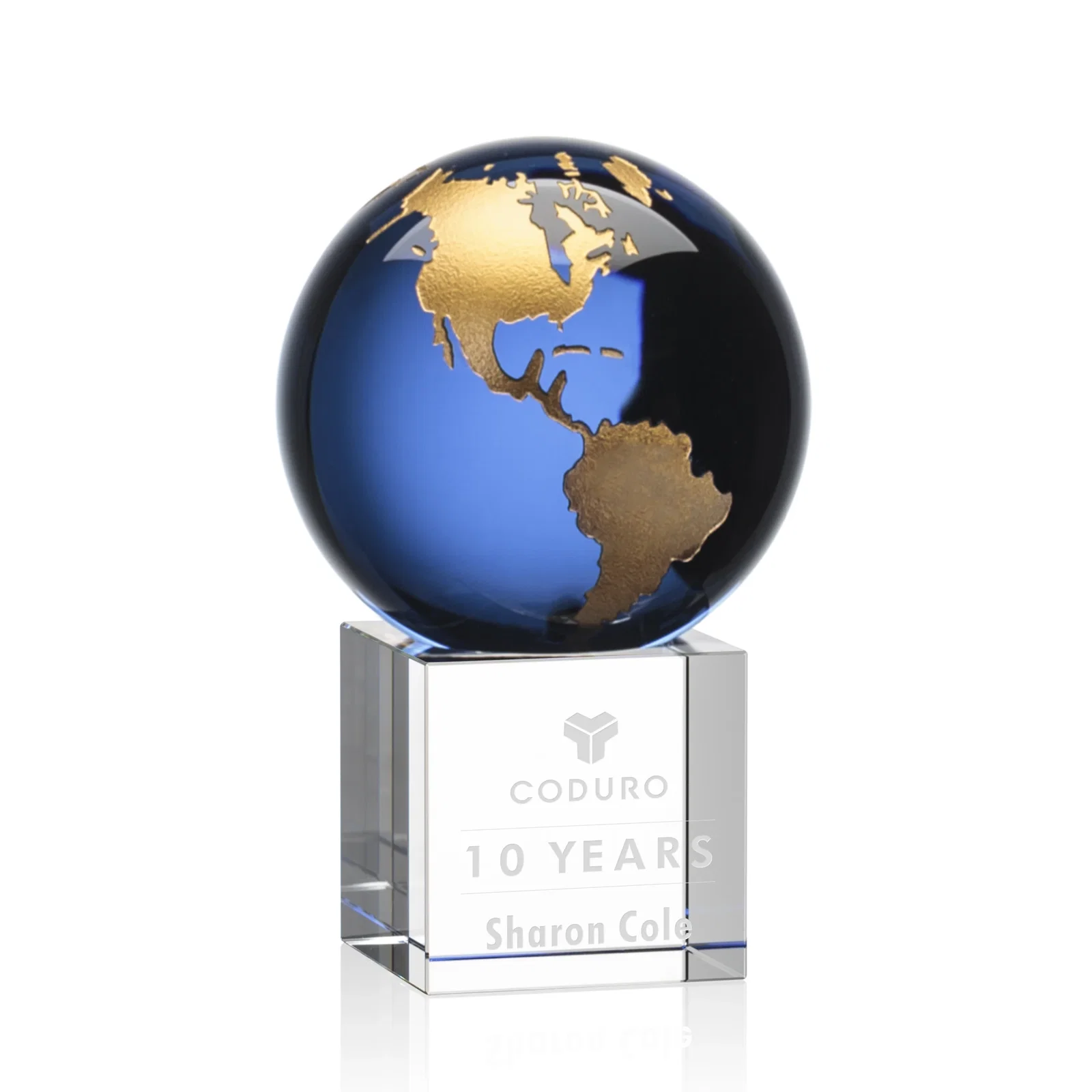 Custom Color-Filled Continent Crystal Globe Award on Optical Cube for company anniversary events