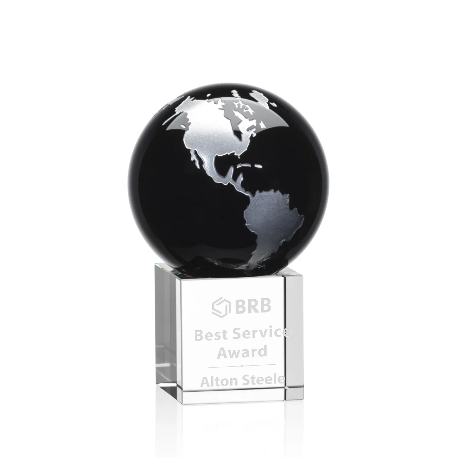 Personalized Color-Filled Continent Crystal Globe Award on Optical Cube for retirement presentations