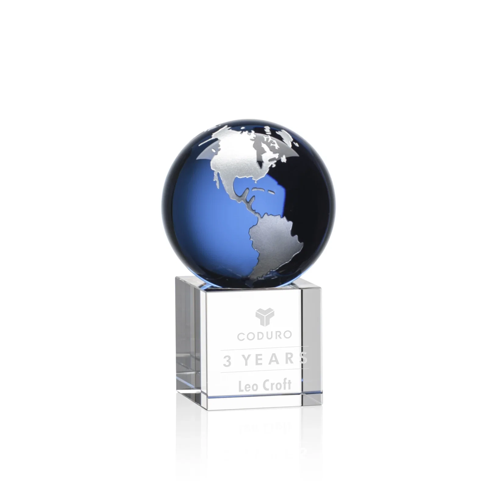 Personalized Color-Filled Continent Crystal Globe Award on Optical Cube for donor appreciation